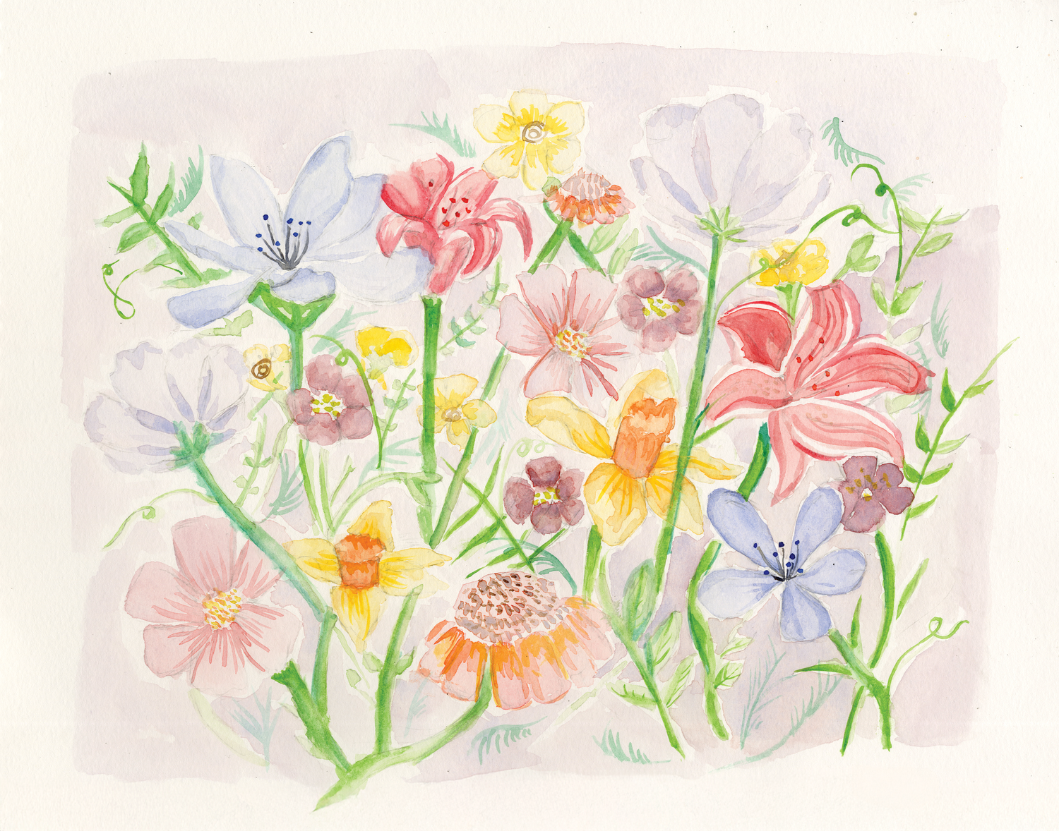 Watercolor painting of colorful wildflowers including pink lilies, yellow daffodils, and blue blooms on a soft gray background.