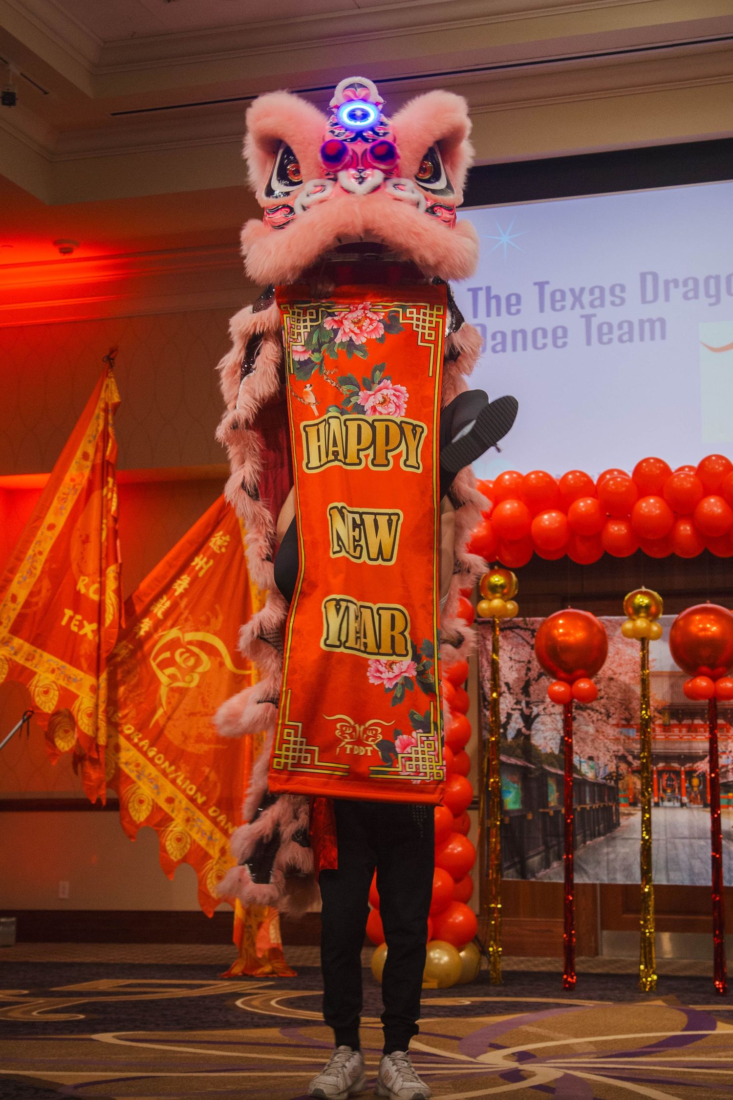 The Texas Dragon Dance Team performs a lion dance with a Happy New Year banner at a Lunar New Year gala.