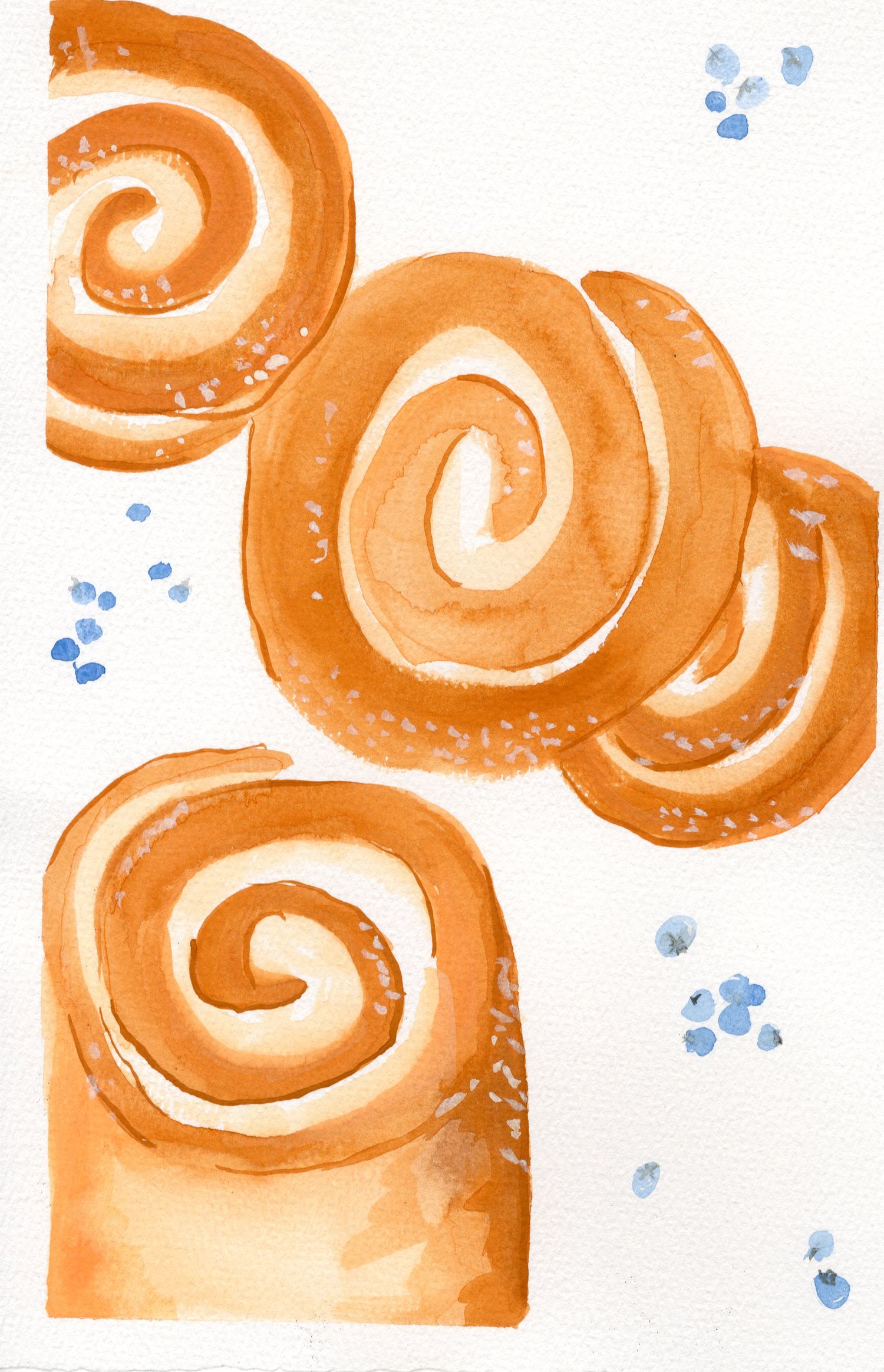 Watercolor painting of golden-brown cinnamon rolls with spiral swirls and blue paint splatters on white background.
