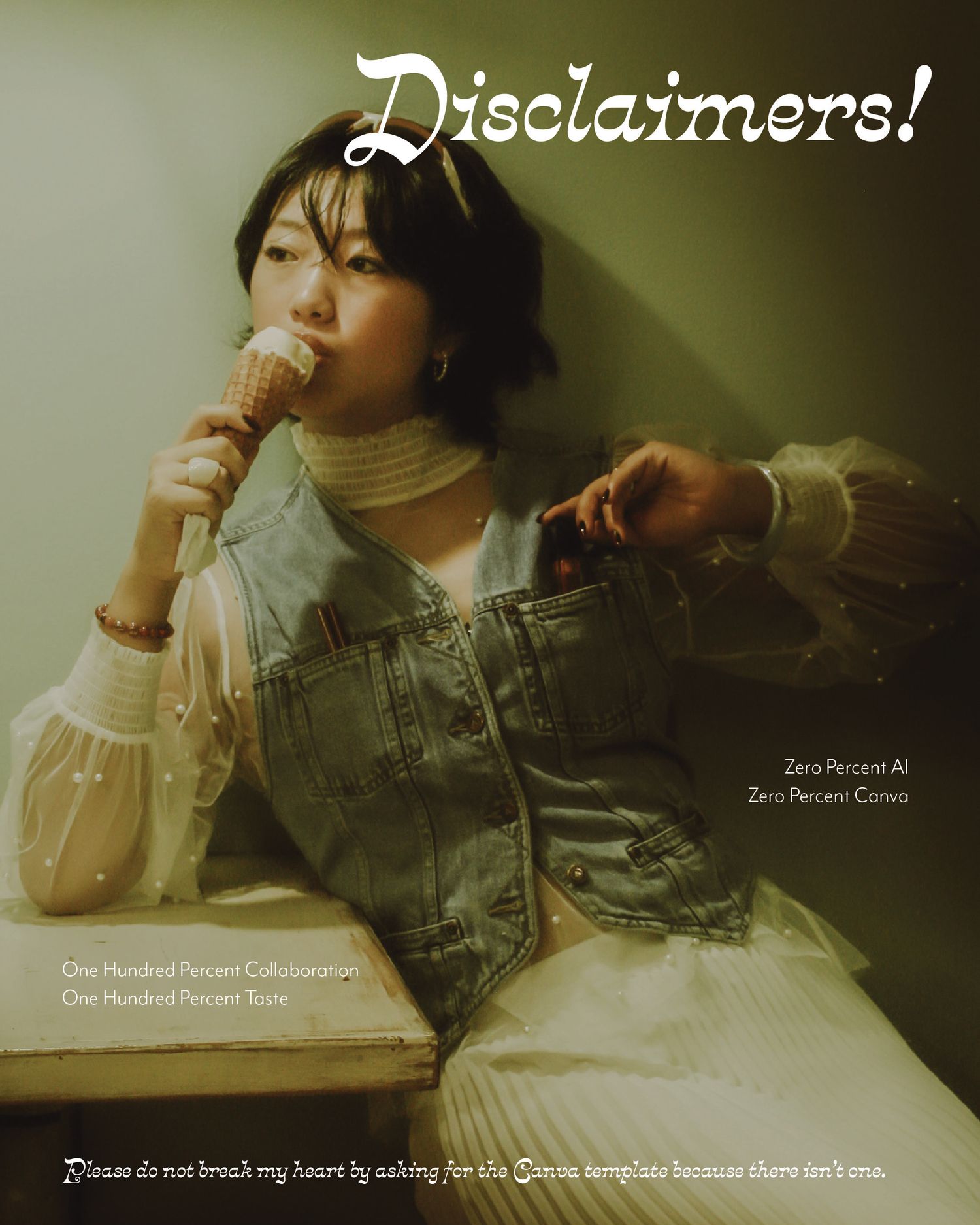 Young woman eating ice cream cone, wearing denim jacket, with Disclaimers poster text overlay in vintage style.