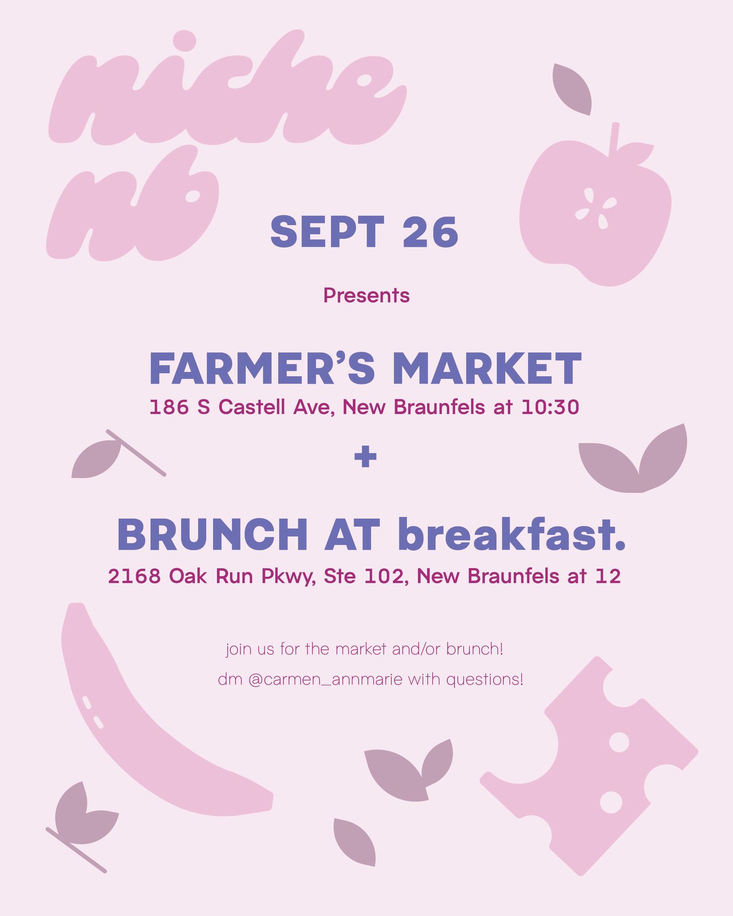 Pink flyer for Niche NB Farmer's Market and Brunch at Breakfast in New Braunfels on Sept 26.