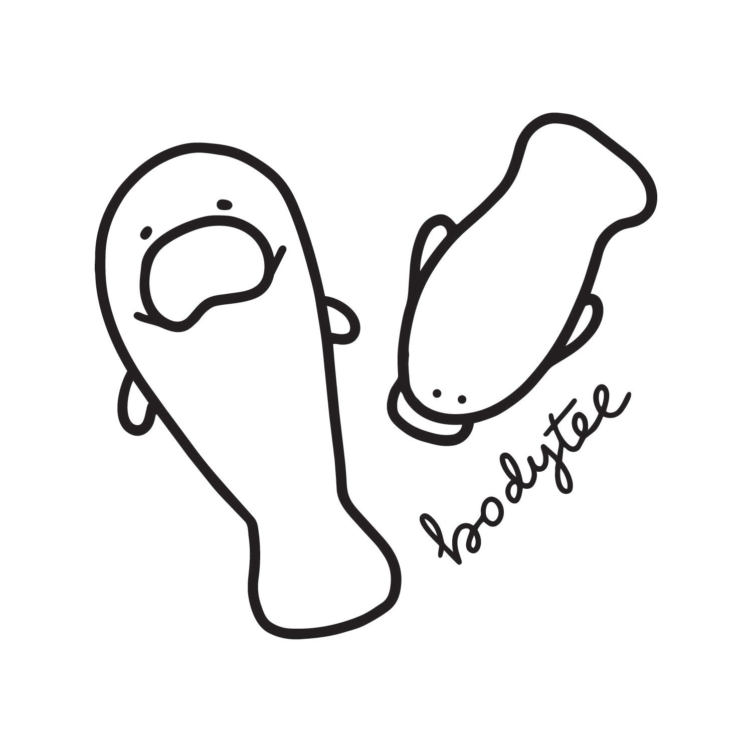 Minimalist black line drawing of two cute manatees, one facing forward and one seen from behind, with the handwritten word bodytee.