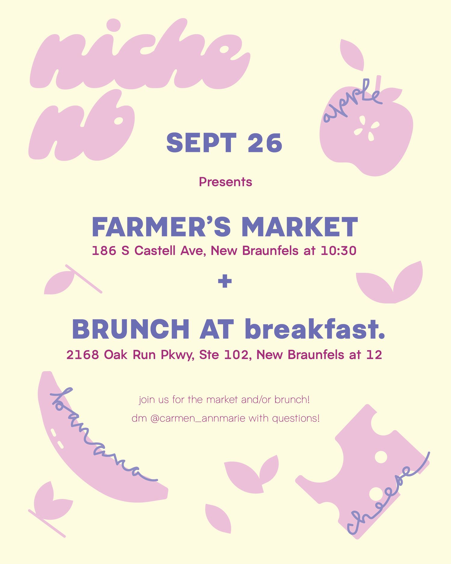 Niche NB farmer's market and brunch event flyer for Sept 26 in New Braunfels with pastel pink illustrations.