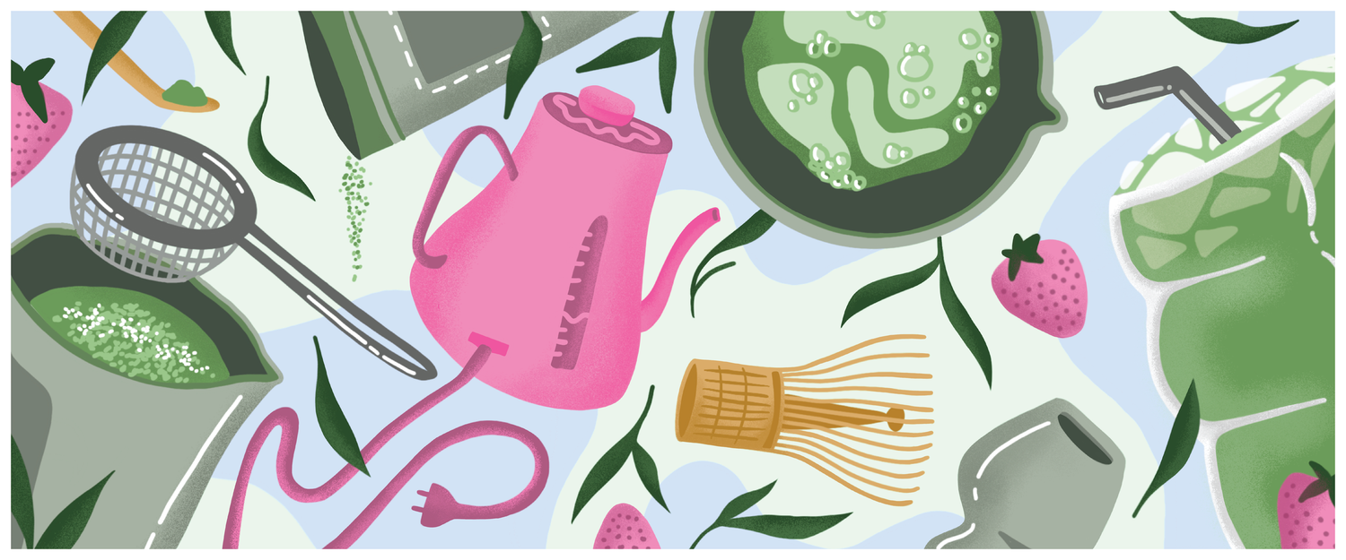 Colorful flat lay illustration of matcha tea tools including a pink watering can, whisk, strainer, and green tea drinks.