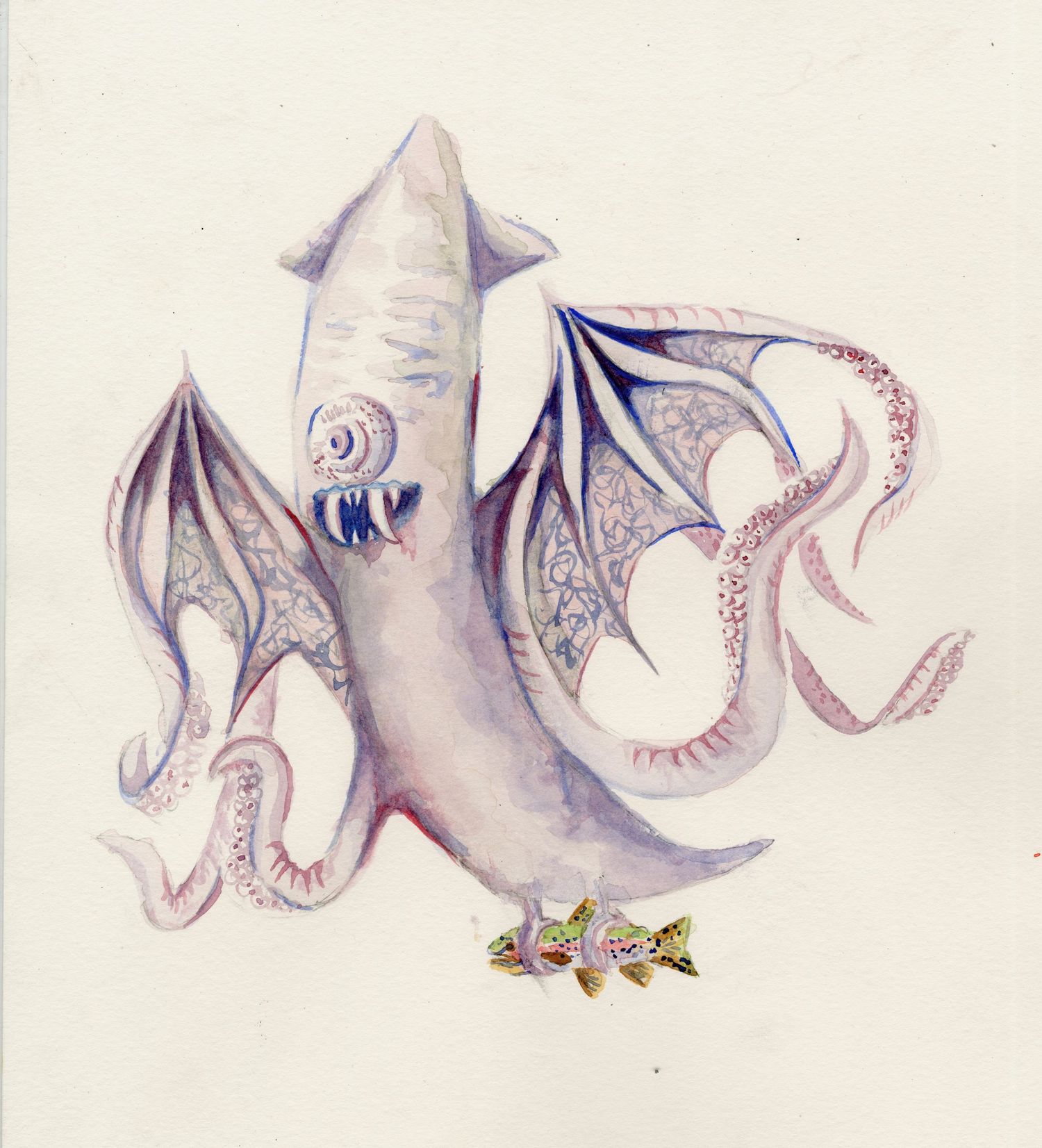 Fantasy watercolor illustration of a hybrid squid creature with bat wings, tentacles, sharp teeth, and colorful bird feet.