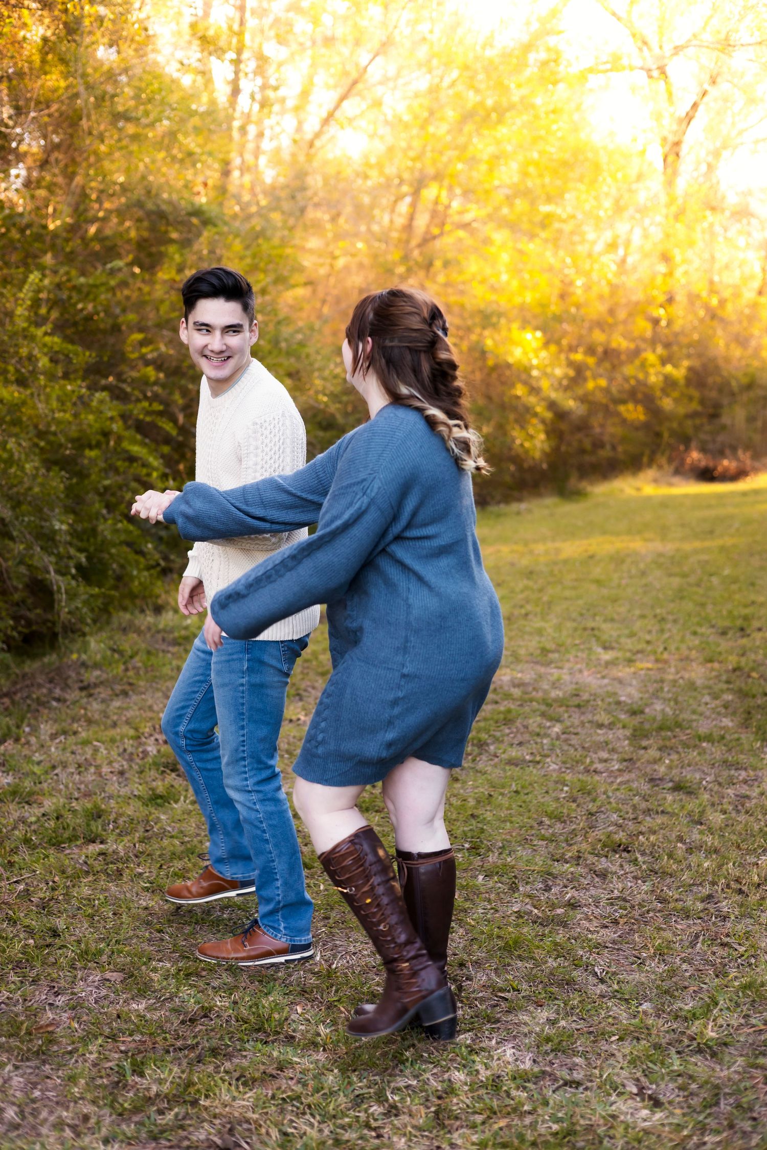 Candid couples photos in Houston Texas showing laughter and intimate connection outdoors