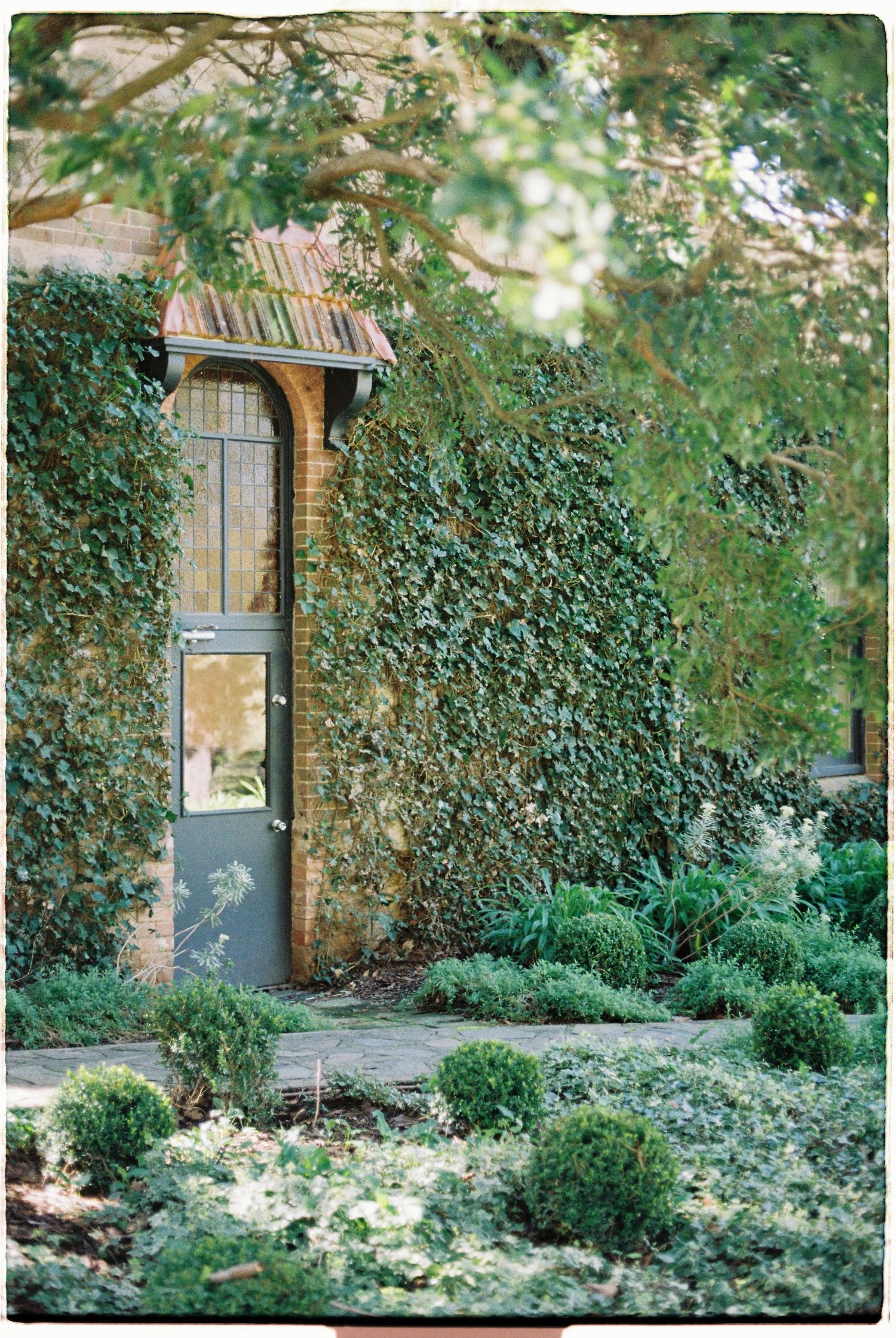 An ivy-covered brick building with a green door surrounded by manicured garden shrubs.