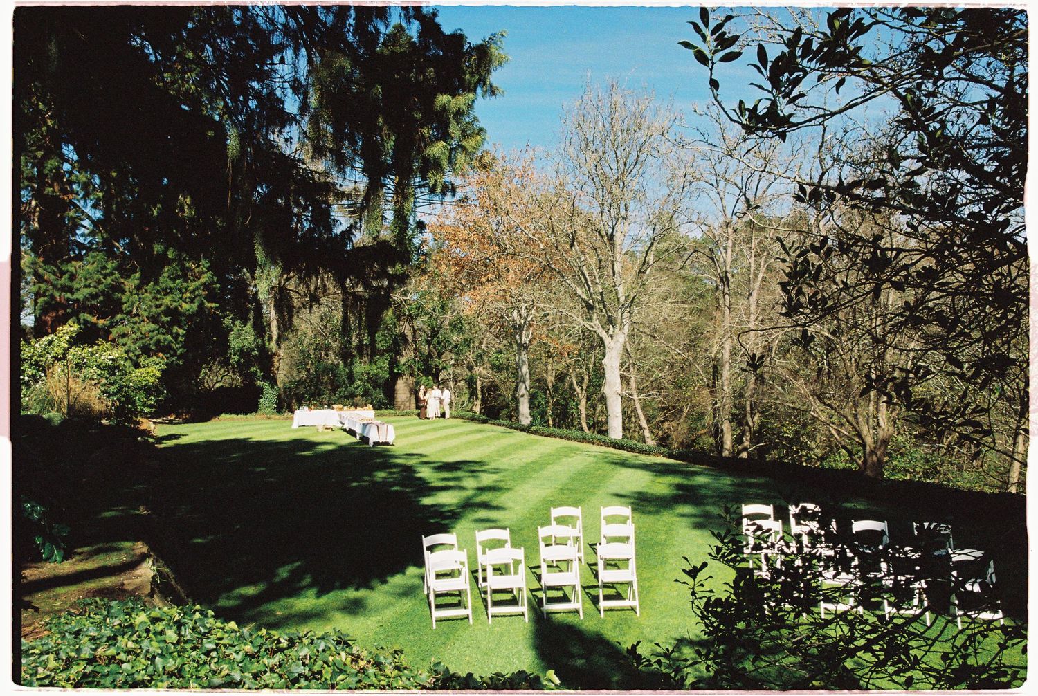 Outdoor wedding ceremony setup with white chairs on lush green lawn surrounded by tall trees in a garden setting.