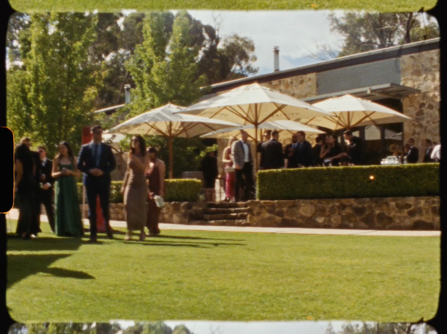 Outdoor wedding reception at a vineyard venue with guests mingling on green lawn under large white patio umbrellas.