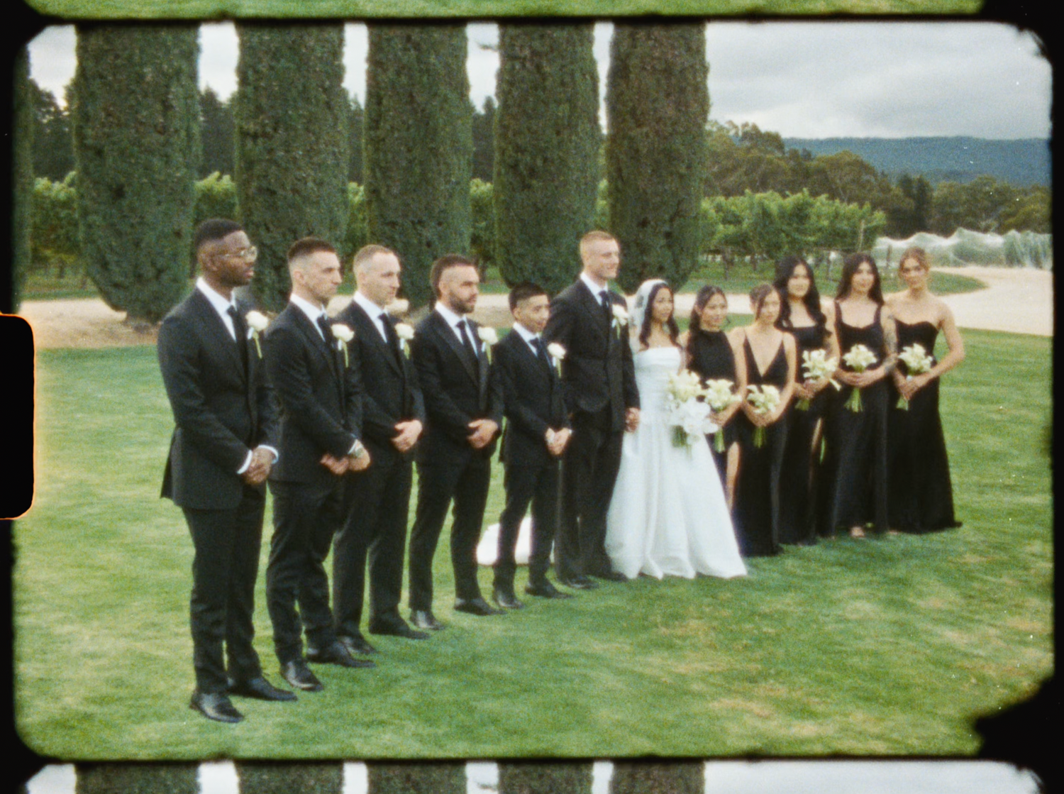 Wedding party in black attire with bride in white gown posed on green lawn with tall cypress trees backdrop.