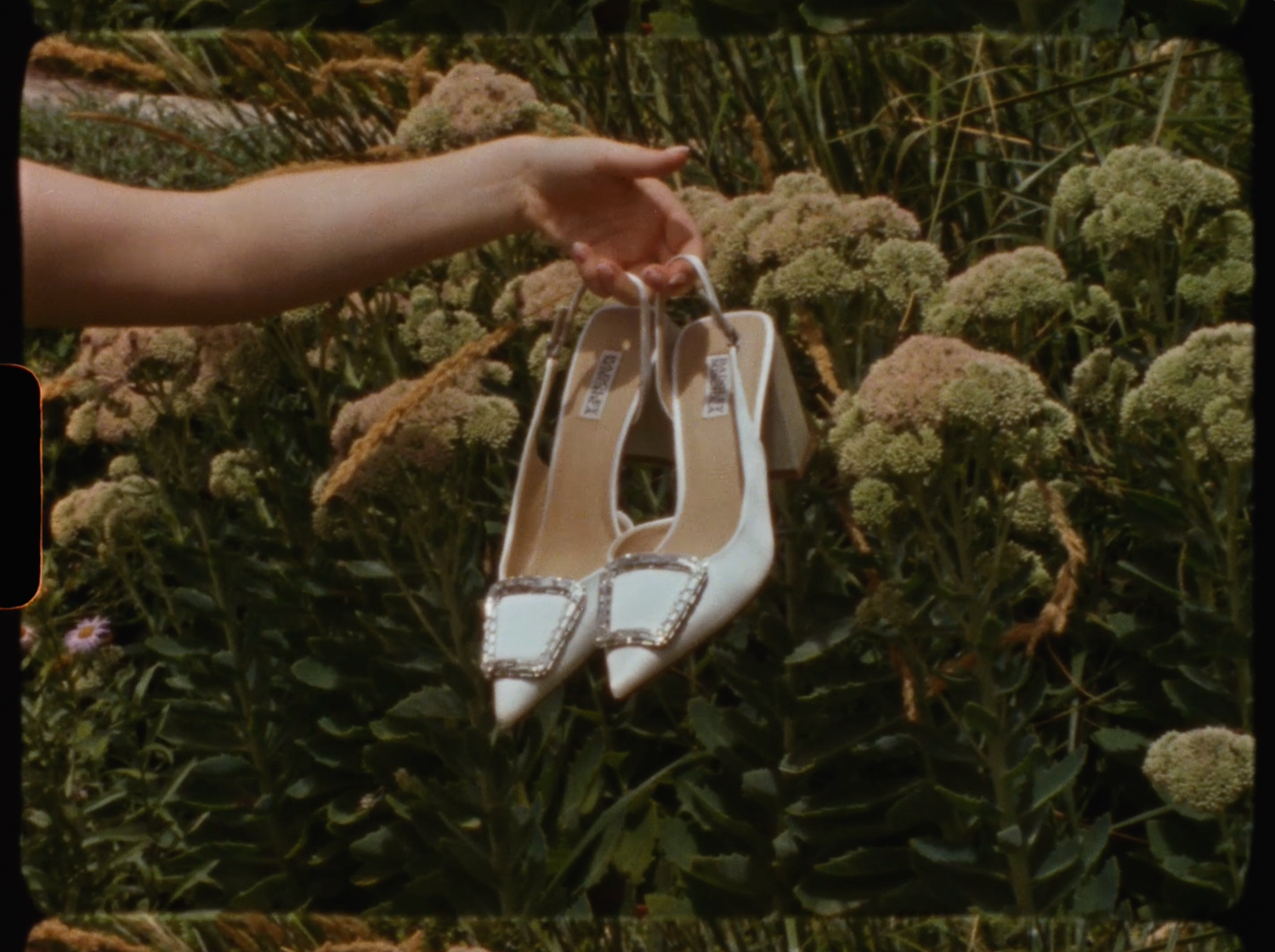Vintage film-style photo of a hand holding white bridal heels with bow details over garden flowers.