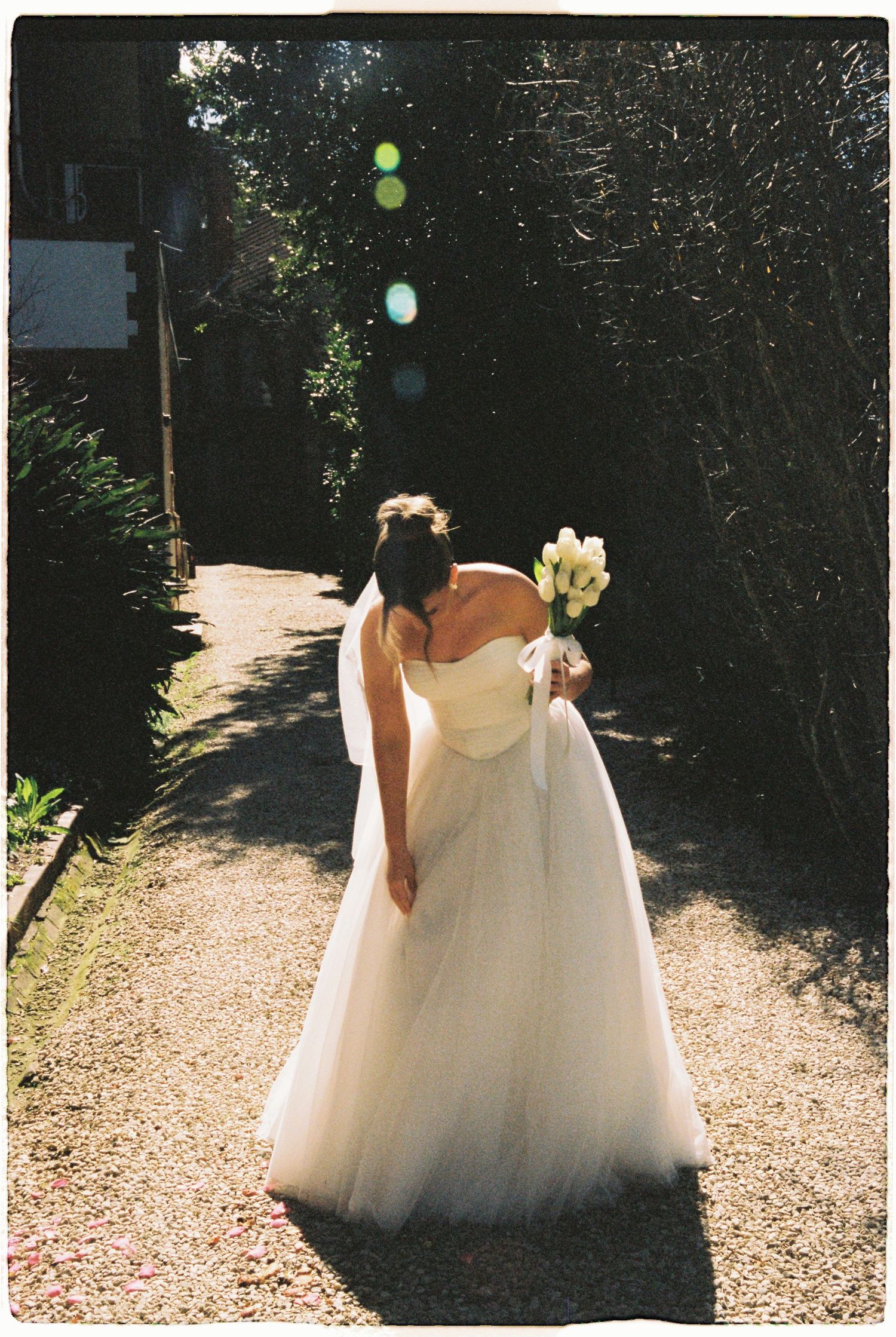 Bride in a white strapless tulle gown with veil walking along a sunlit garden path holding a bouquet.