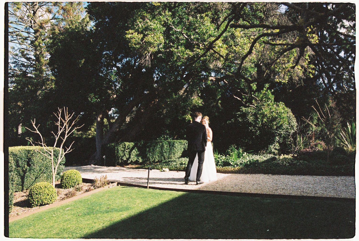 Bride and groom sharing an intimate moment on a garden path surrounded by lush trees and greenery.