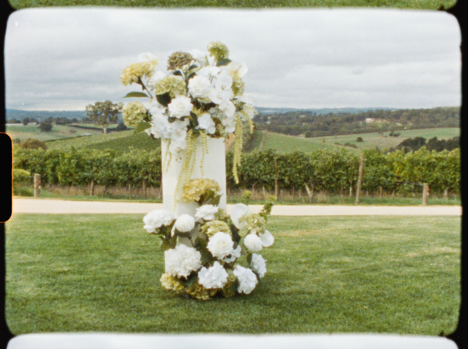 White floral wedding arch with hydrangeas and roses set against a scenic vineyard landscape.