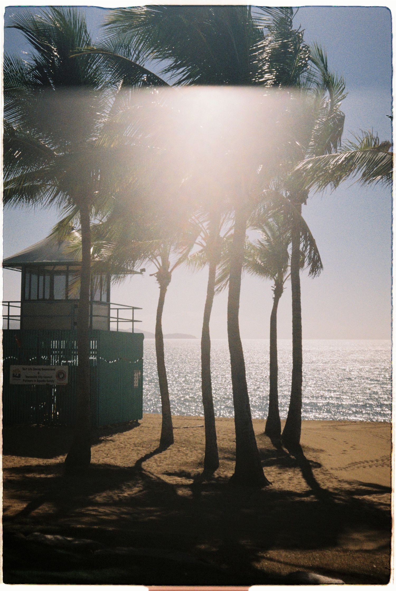 Silhouetted palm trees and lifeguard tower on a sunny tropical beach with ocean backdrop.