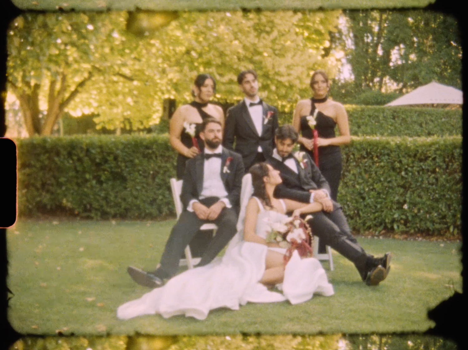 Wedding party posing outdoors on green lawn with hedges, bride in white gown surrounded by bridesmaids and groomsmen.