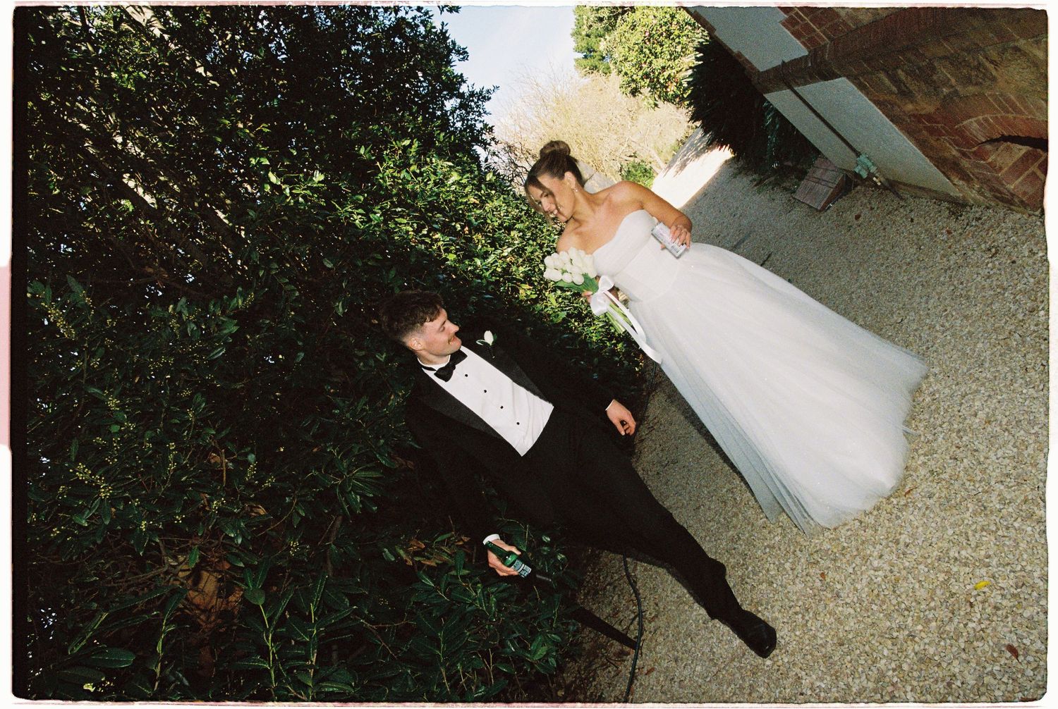Aerial view of bride in white gown and groom in tuxedo posing in garden greenery.