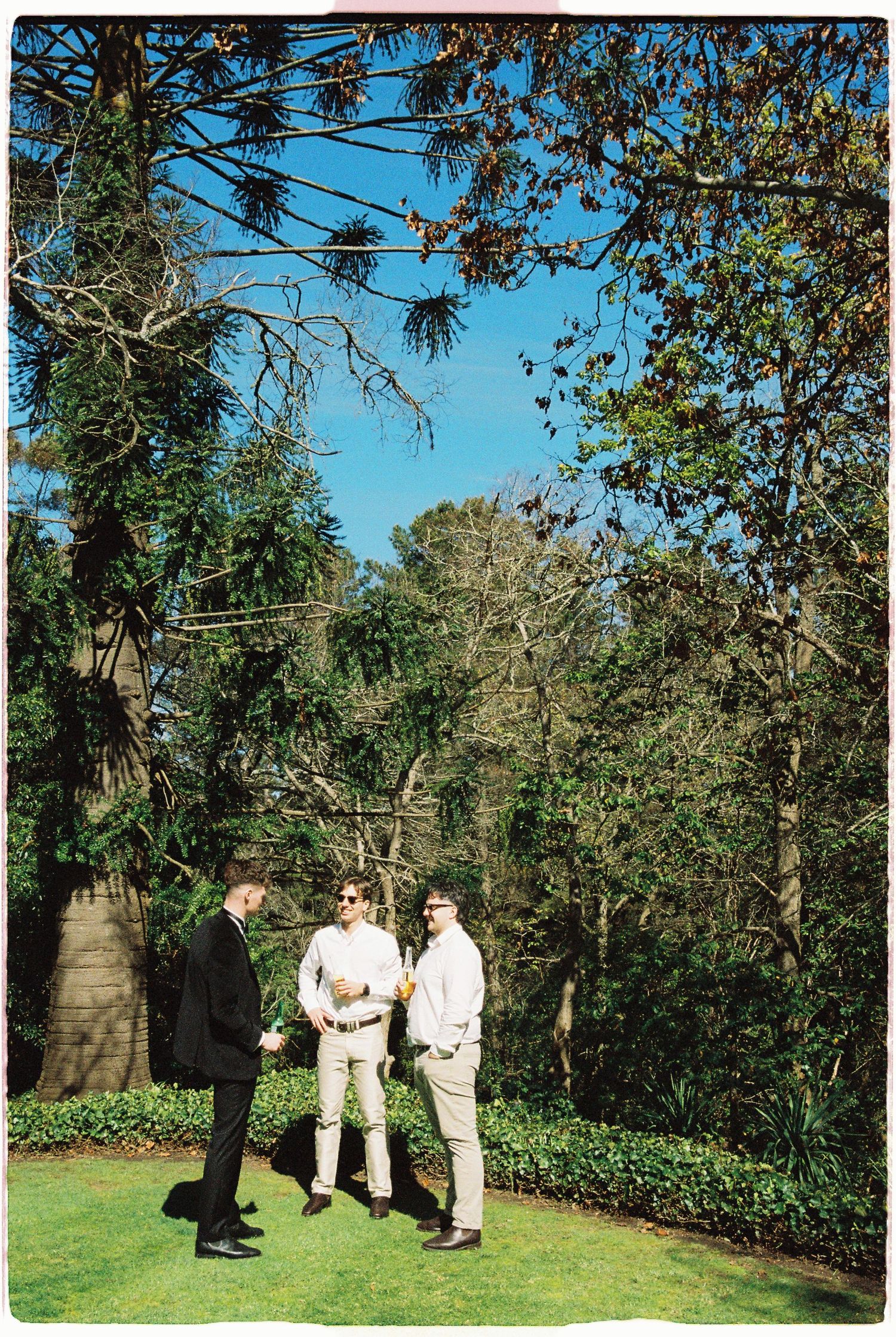Three men in formal attire conversing on green lawn surrounded by tall trees.