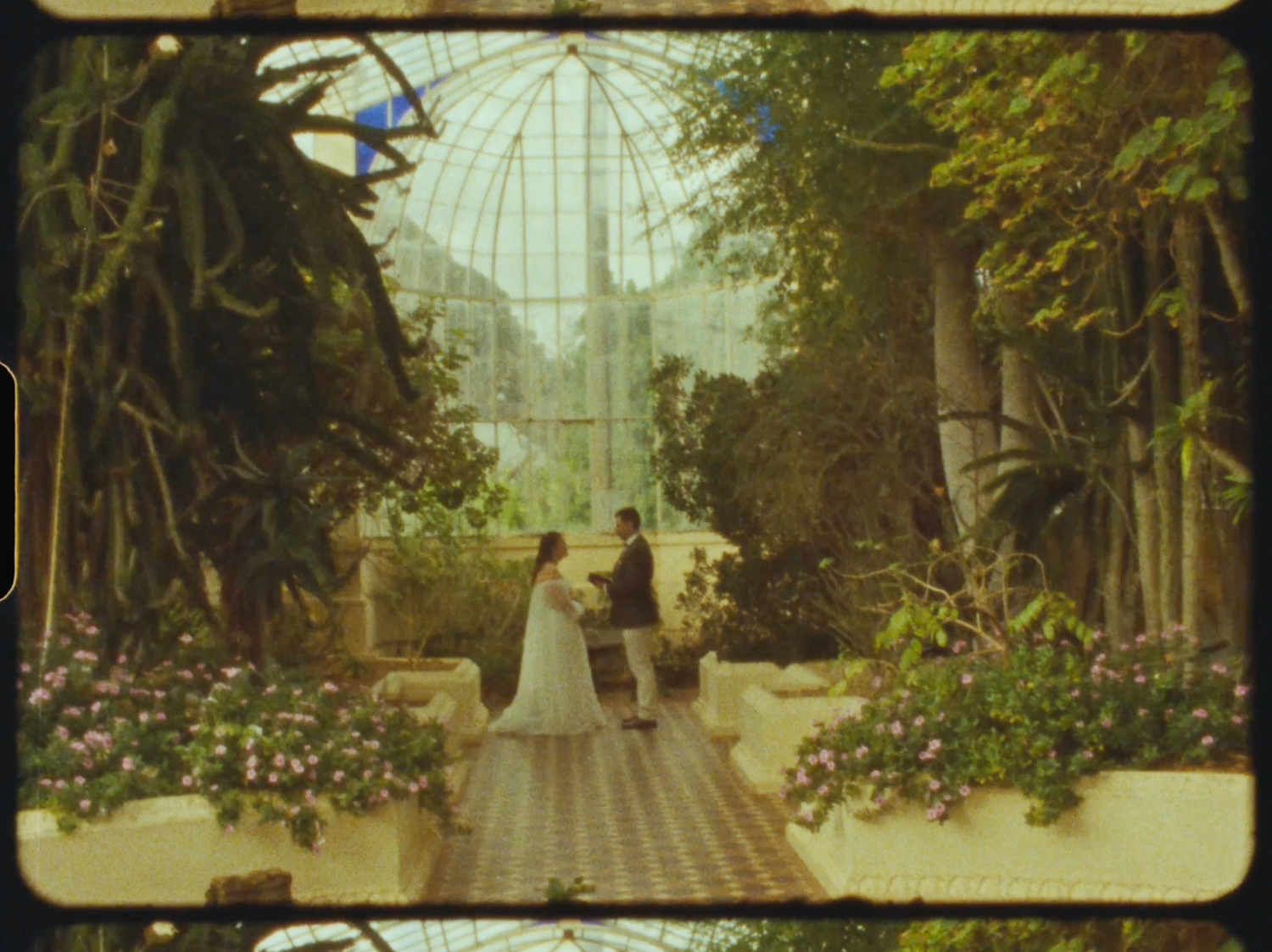 A bride and groom stand together in a lush botanical garden greenhouse wedding venue.