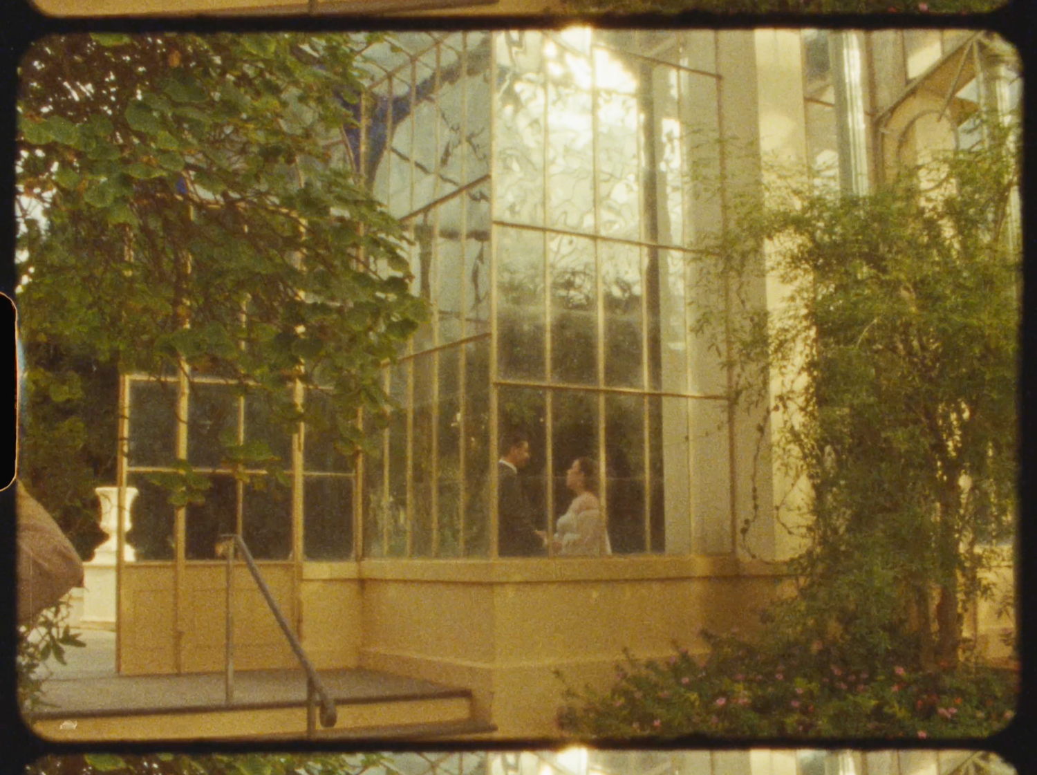A greenhouse with large glass panels surrounded by lush green trees and shrubs in a garden setting.