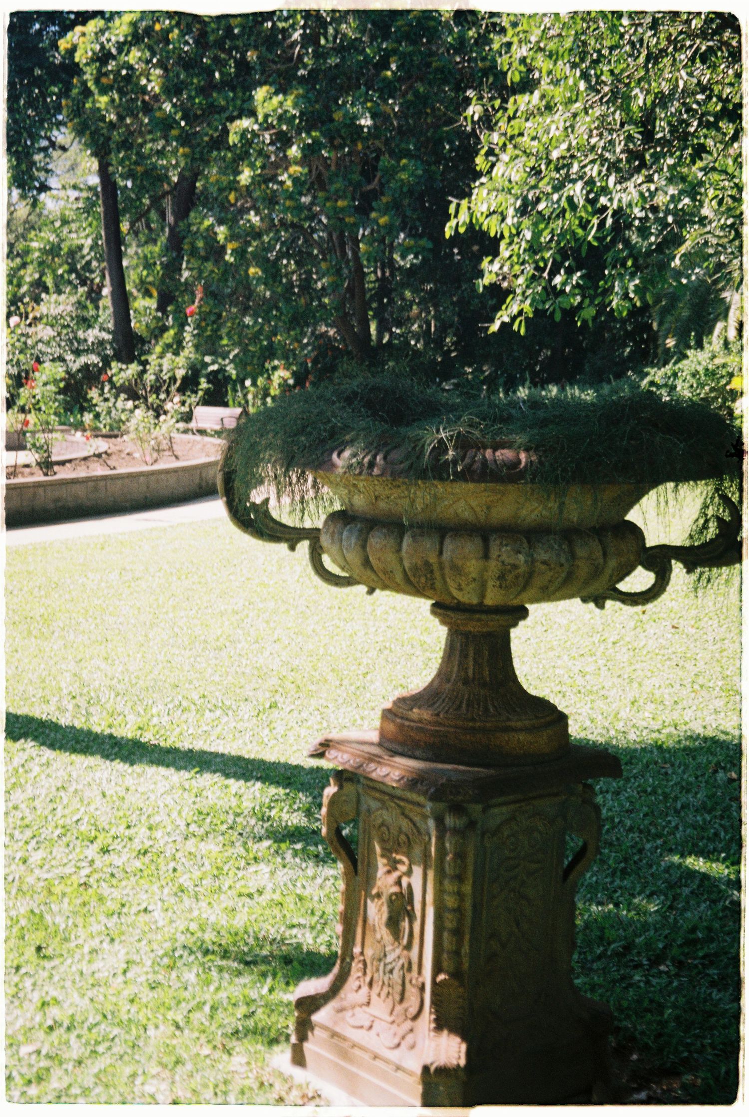 Ornate stone garden urn planter on decorative pedestal surrounded by lush green lawn and trees.