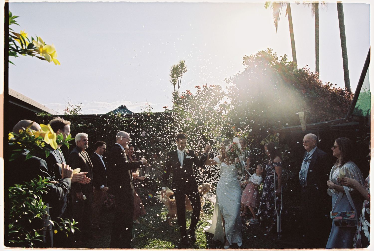 Outdoor wedding celebration with confetti shower, guests applauding newlyweds in sunlit garden setting.