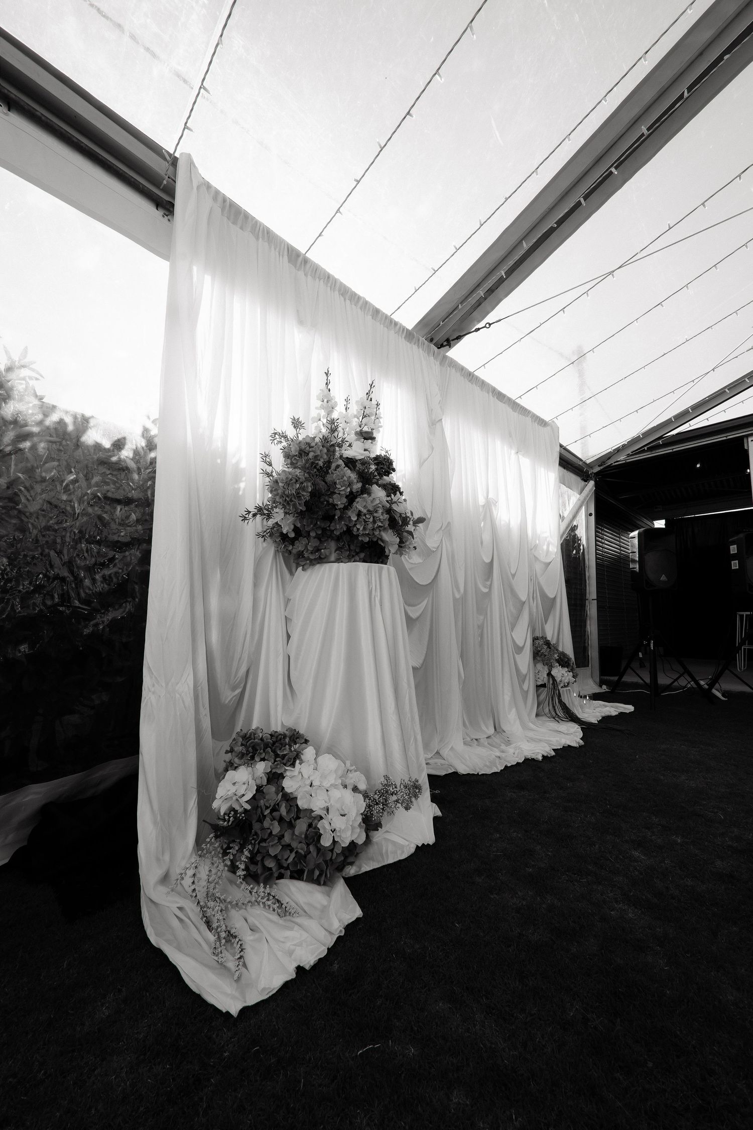 Black and white image of a draped white fabric wedding ceremony arch adorned with lush floral arrangements.