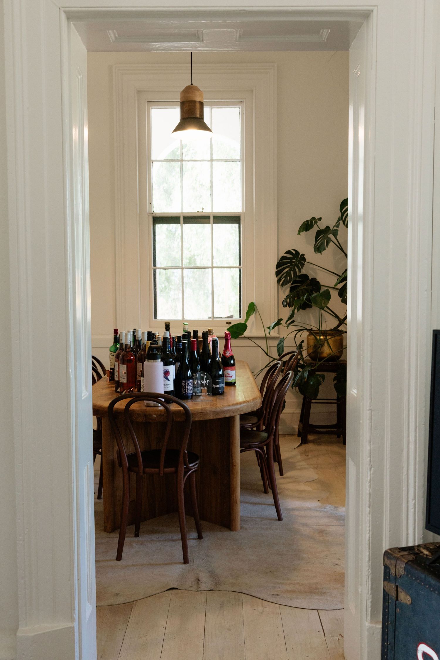 Bright dining room with round wooden table covered in wine bottles, bentwood chairs, and monstera plant.