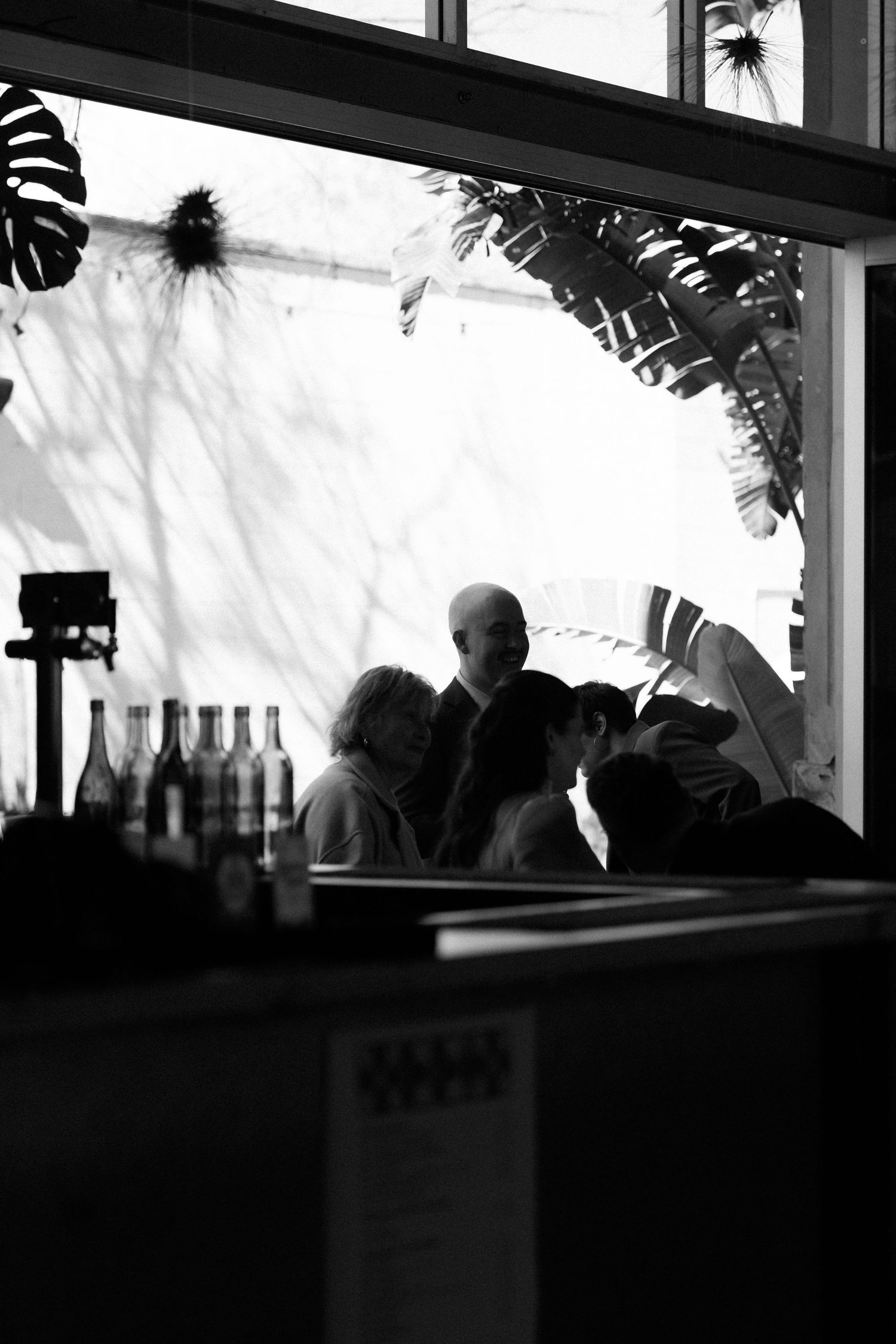 Dramatic black and white silhouette of wedding guests gathered near a sunlit window with plants.
