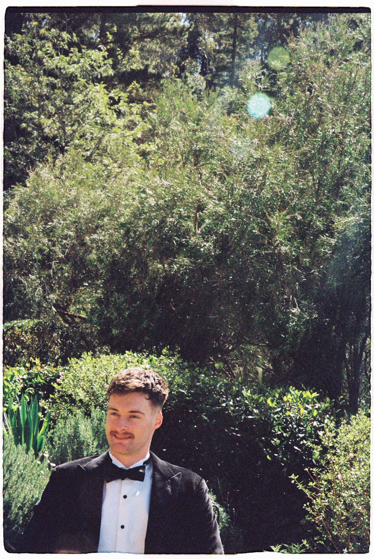 Groom in black tuxedo and bow tie standing outdoors surrounded by lush green trees and shrubs.