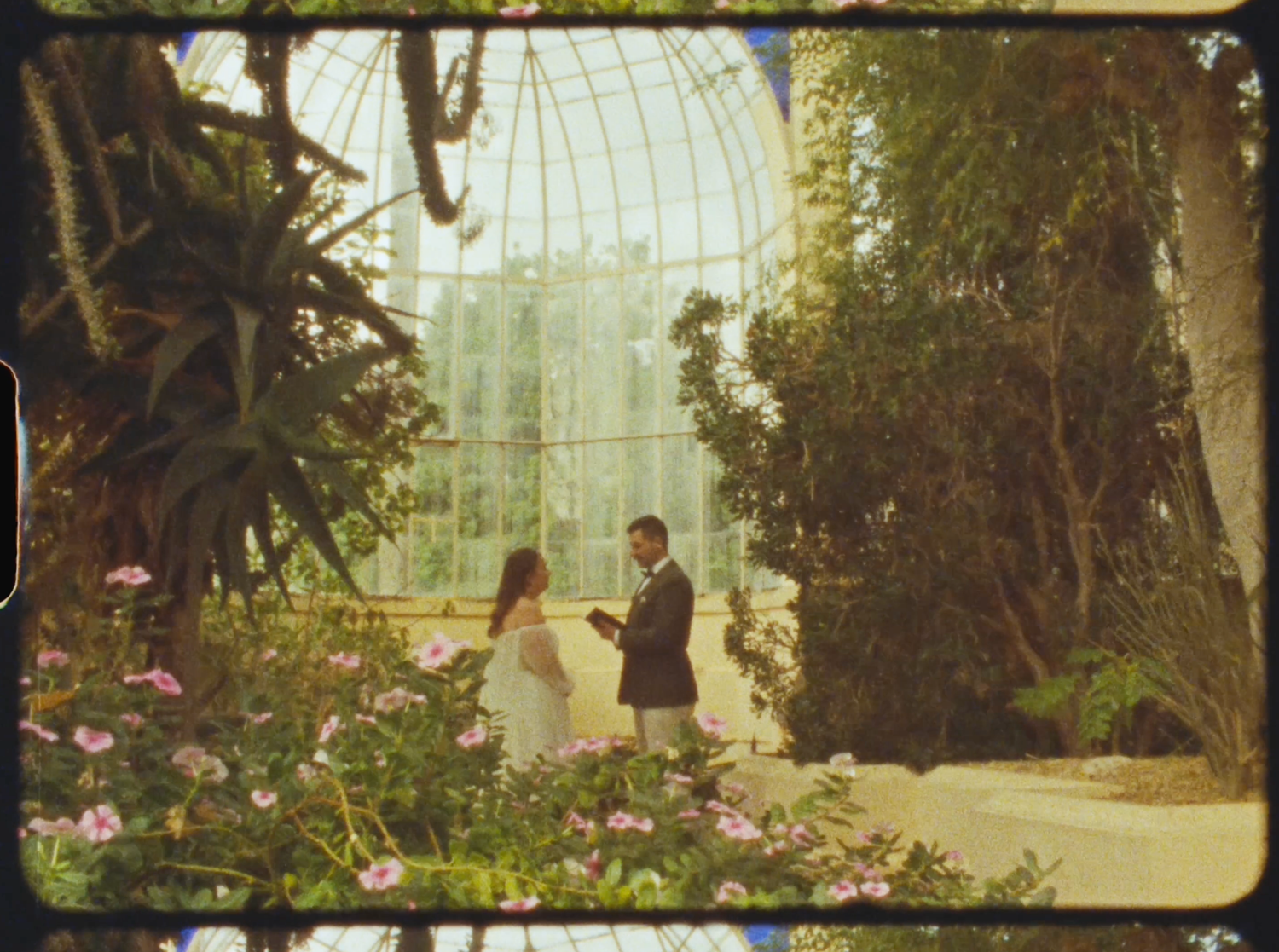 Couple standing together in a lush botanical garden greenhouse surrounded by blooming pink flowers.