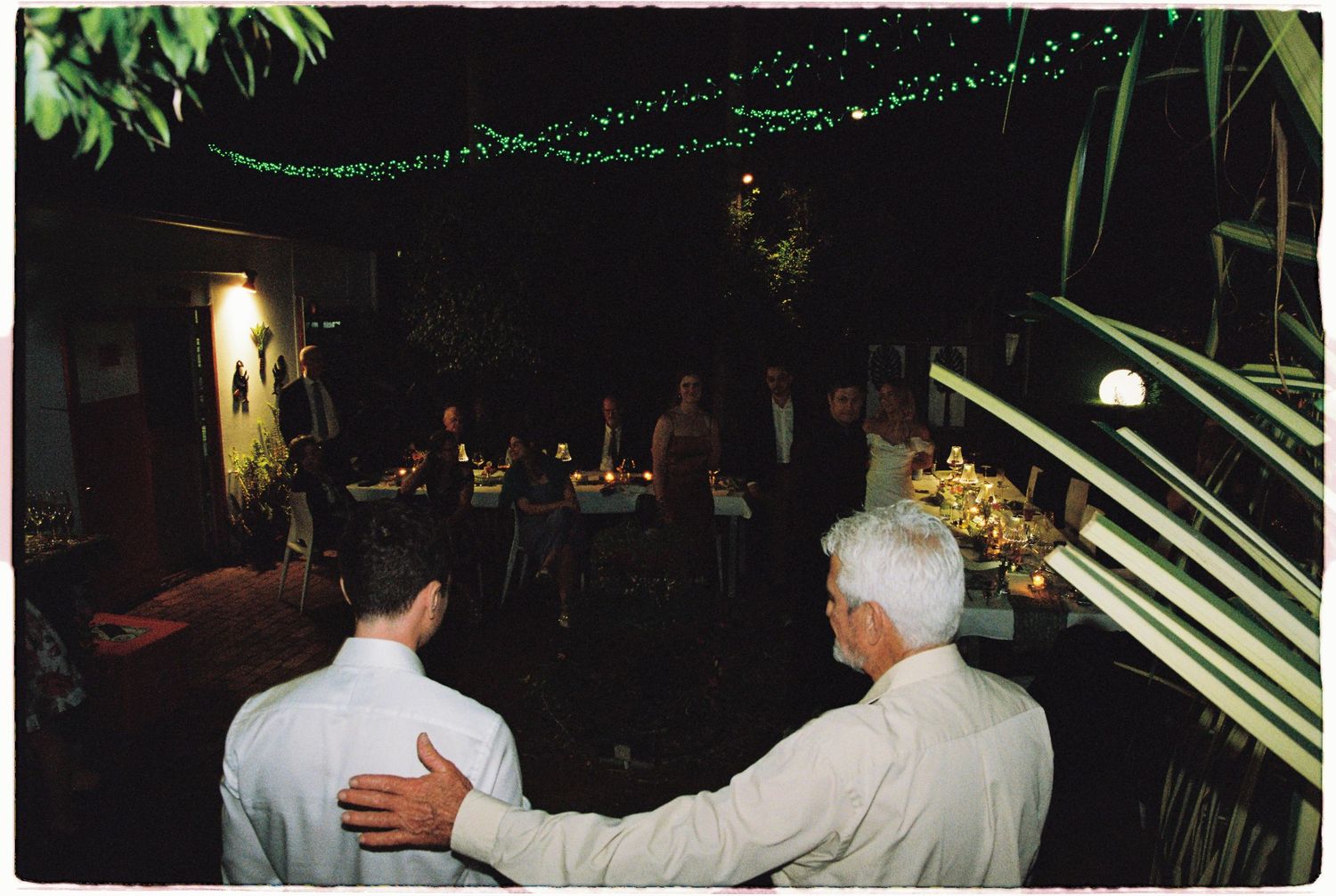 Outdoor evening gathering with guests dining under green string lights surrounded by lush tropical plants.