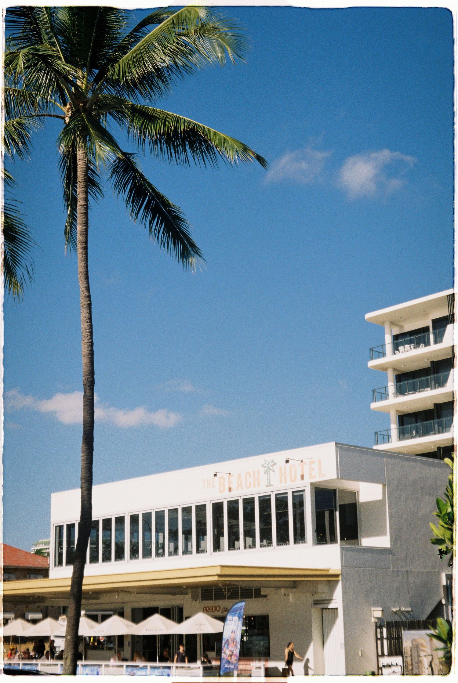 White beachfront building with large palm tree against bright blue sky in a coastal location.