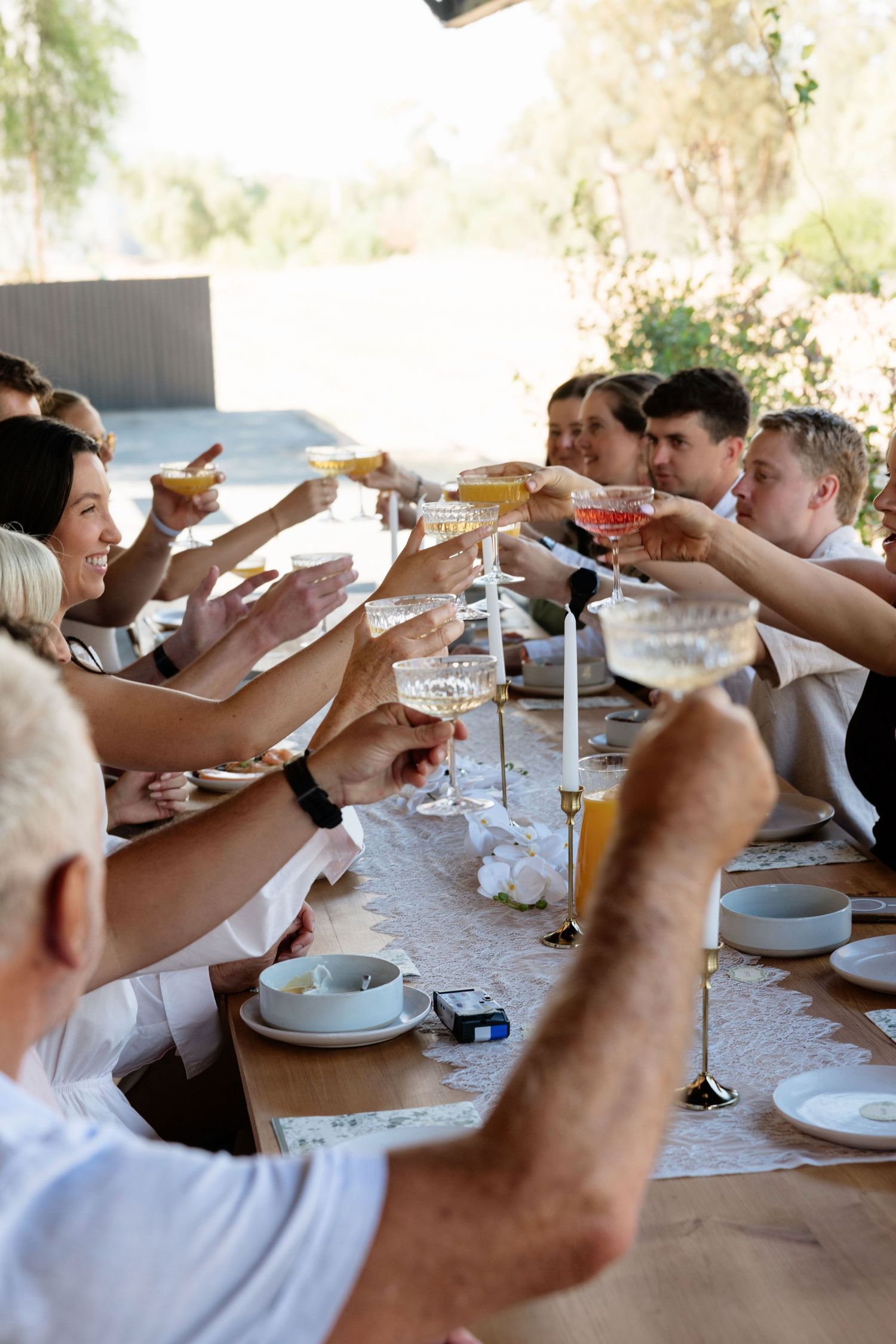 Wedding guests raising glasses in a joyful toast at an outdoor reception table in sunlight.
