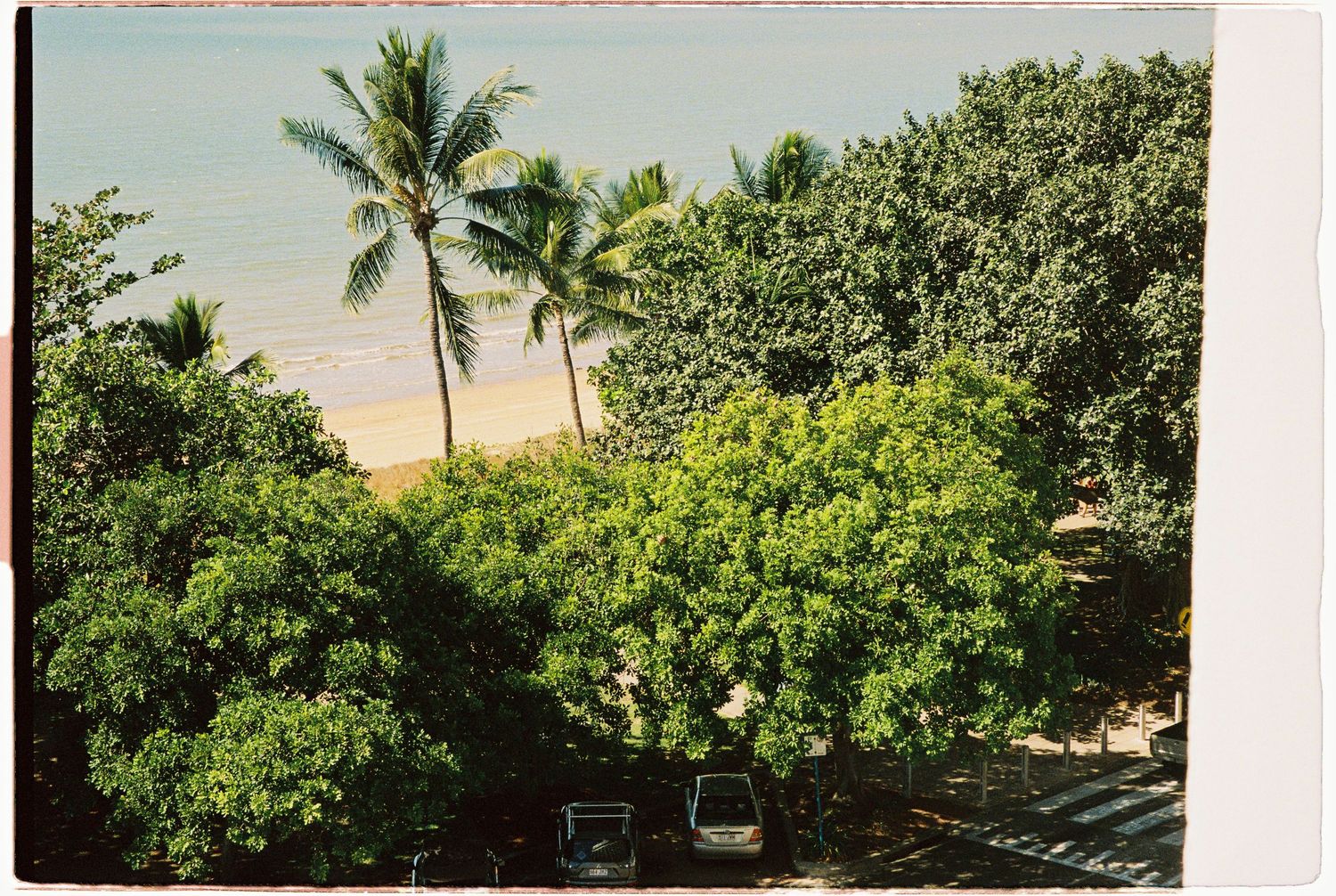 Aerial view of tropical beach surrounded by dense green trees with parked cars visible on the street below.