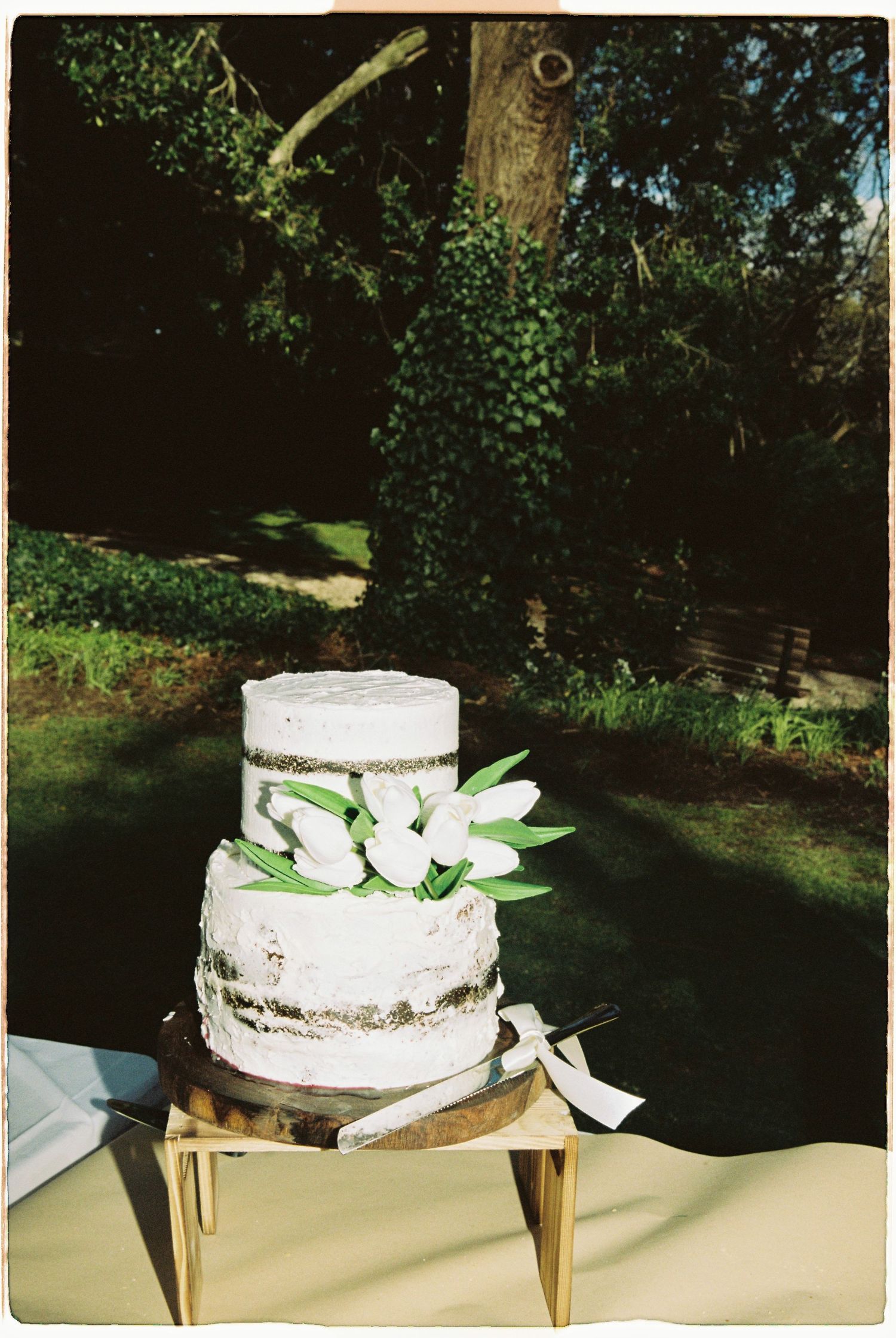 Two-tier naked wedding cake decorated with white tulips displayed on a wooden stand outdoors.