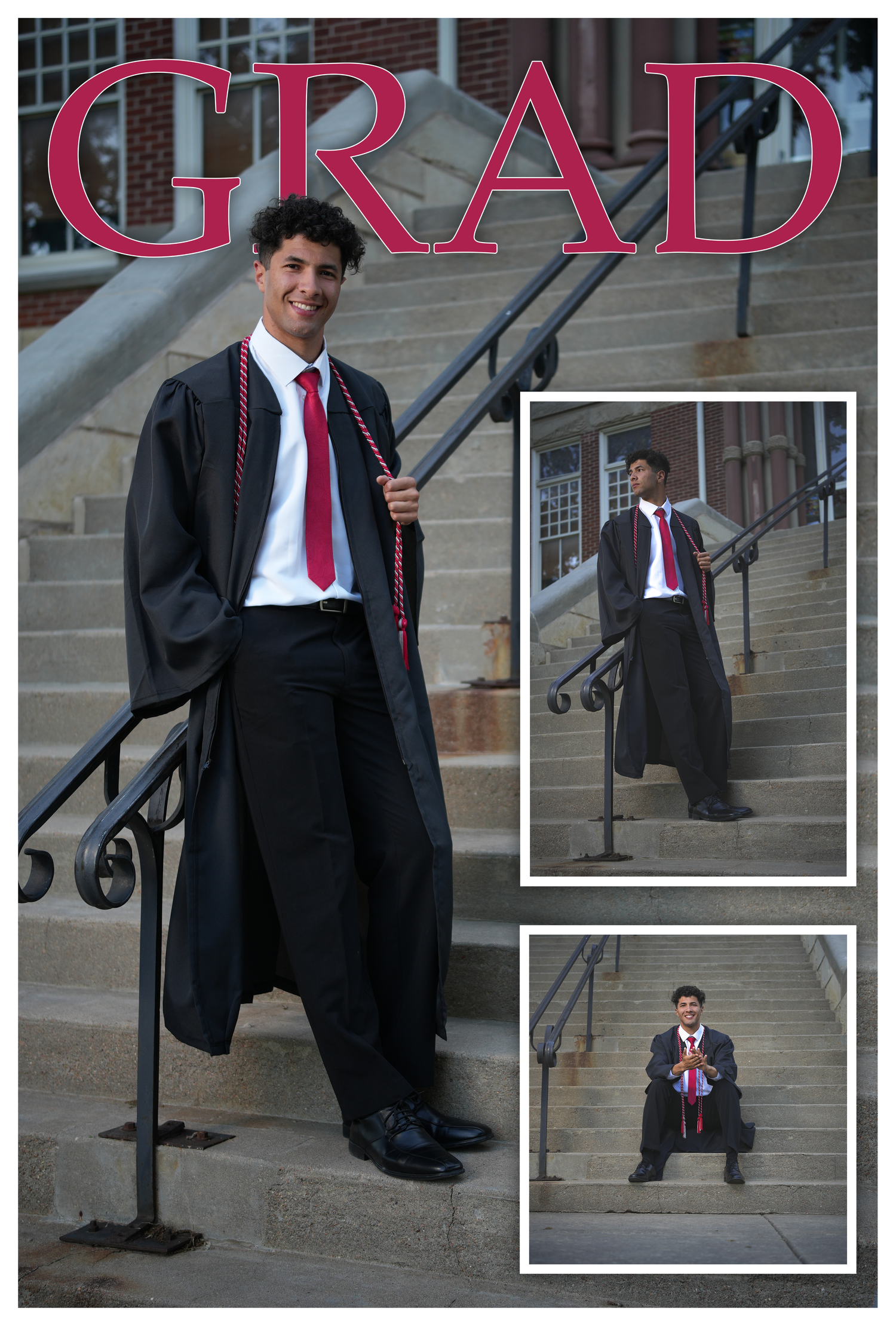 Composite grad photo of young man in black graduation gown and red tie on brick building steps.