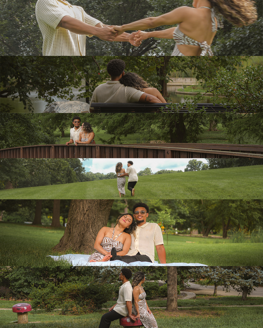 A collage of a couple enjoying a romantic outdoor photoshoot in a lush green park, dancing, relaxing, and laughing together.