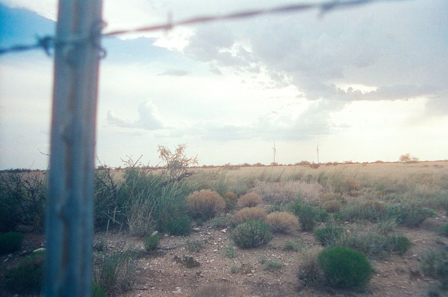 Arid desert landscape with sparse shrubs behind barbed wire fence under dramatic cloudy sky.