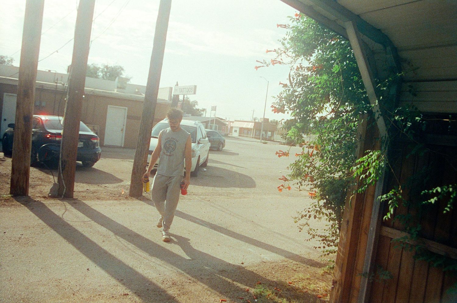 Man walking along a sunny suburban street past parked cars, wooden poles, and lush green shrubs.