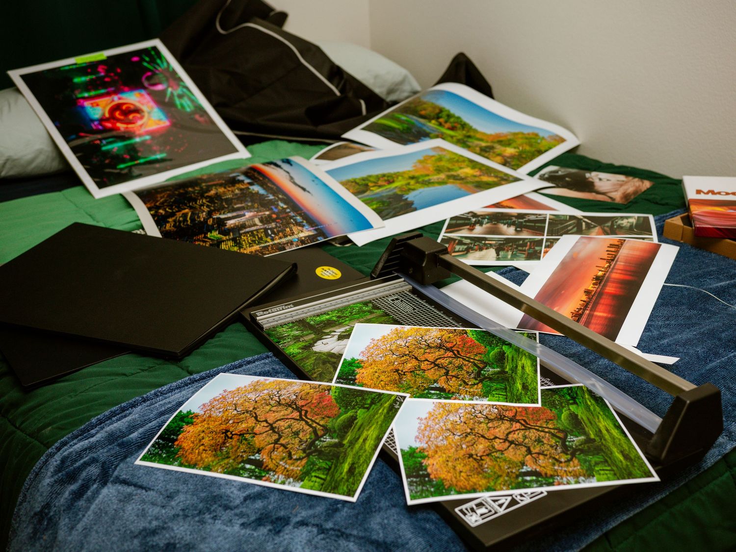 Collection of colorful landscape and nature photography prints spread across a blue surface.