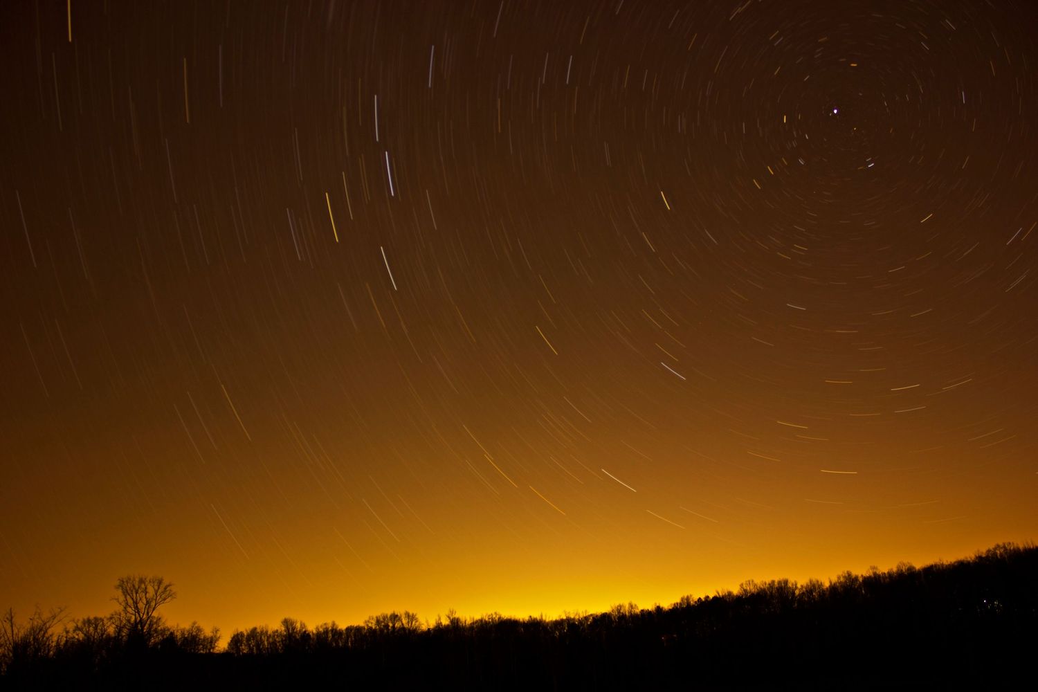 Long exposure night sky photo showing star trails swirling over a dark silhouetted treeline with a warm orange horizon glow.