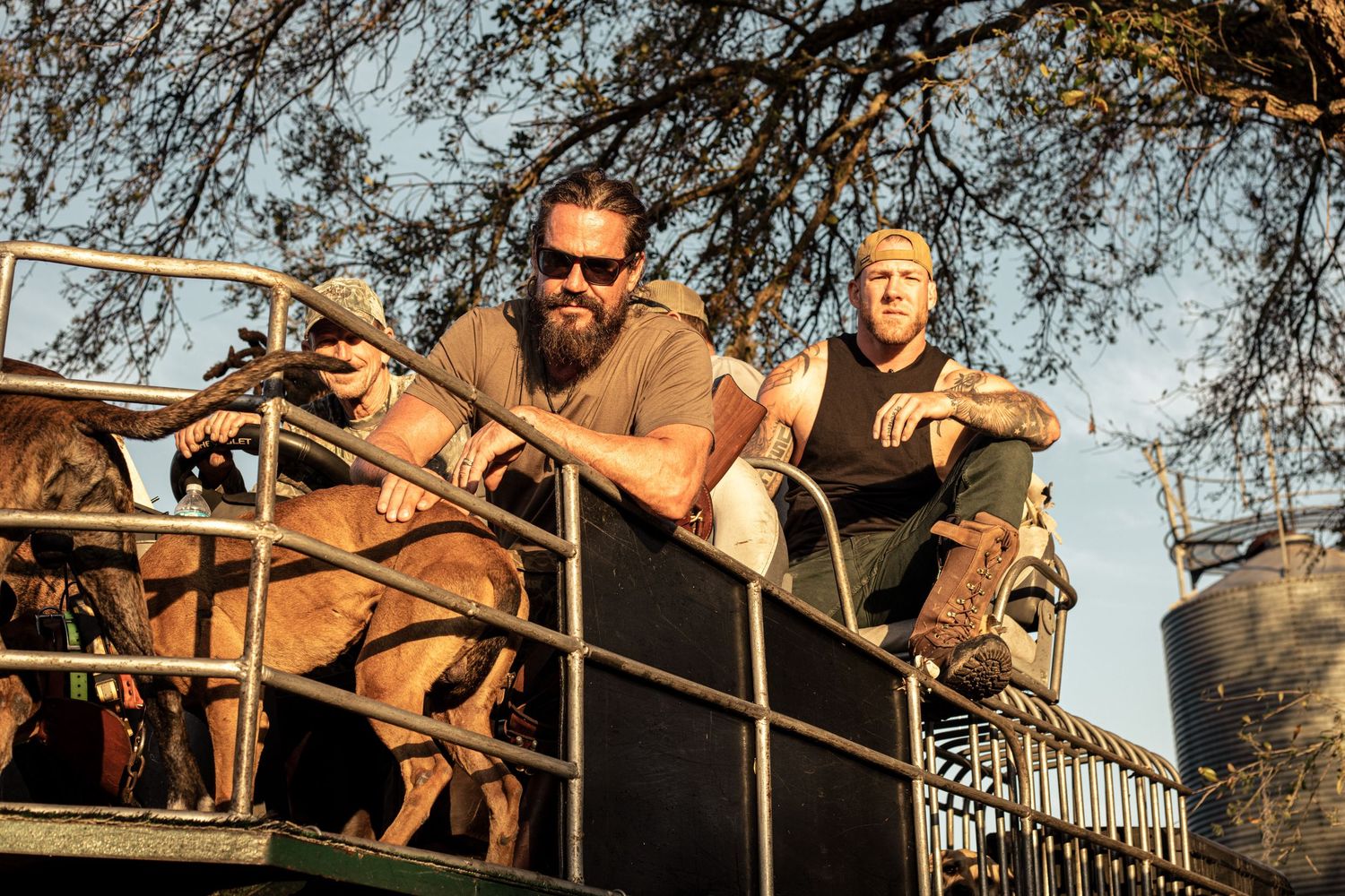 Two bearded men lean on a rustic truck railing outdoors, surrounded by cattle in a sunny farm setting.