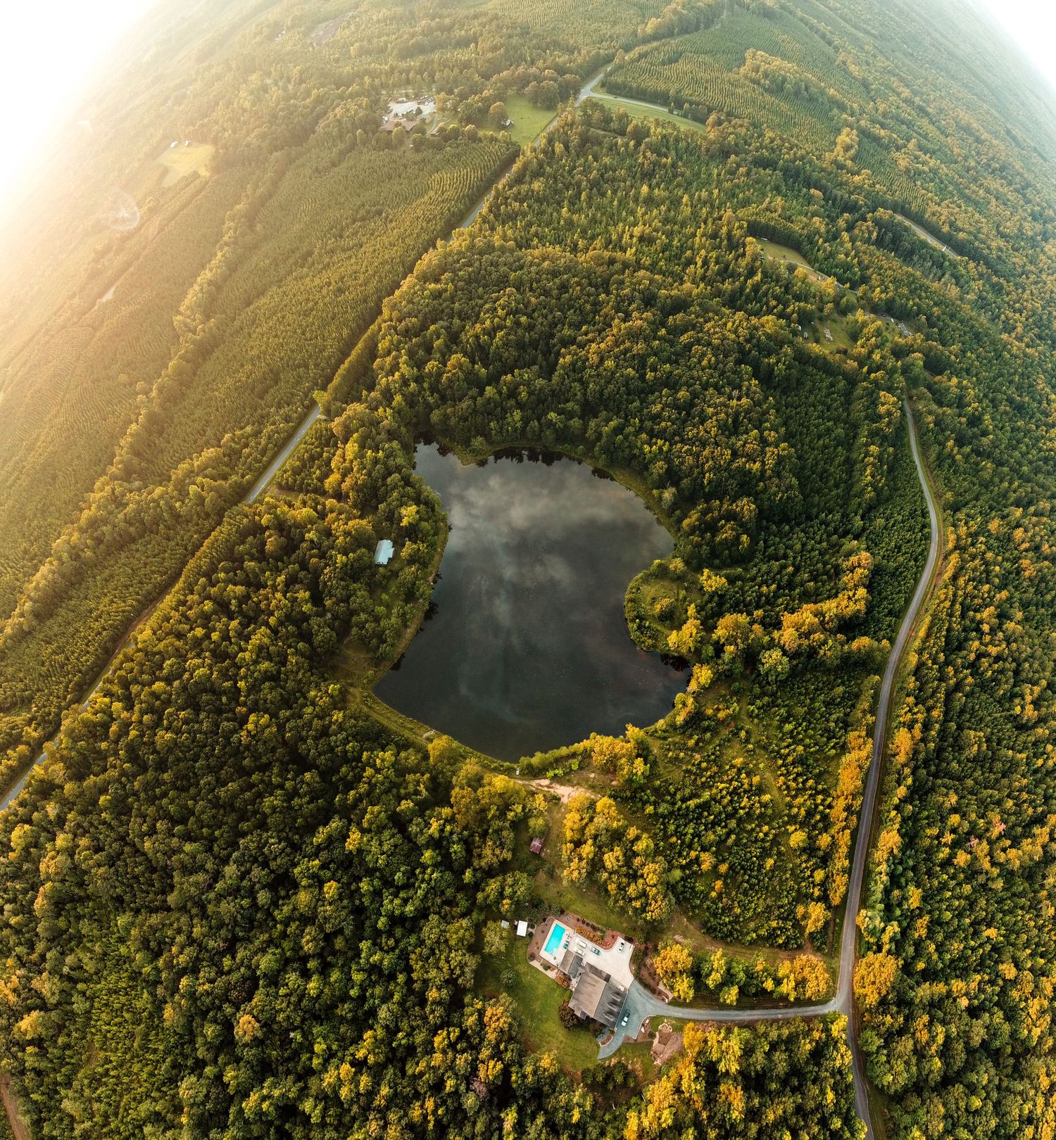 Aerial drone view of a serene forest lake surrounded by autumn trees at golden hour with a rural property nearby.