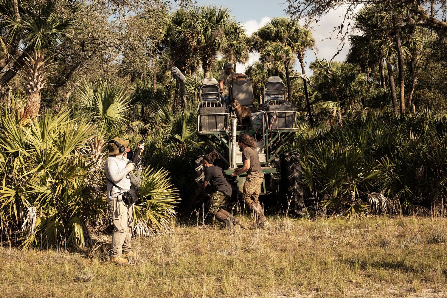 Workers and heavy machinery clearing dense vegetation in a wild grassland with palm trees in background.