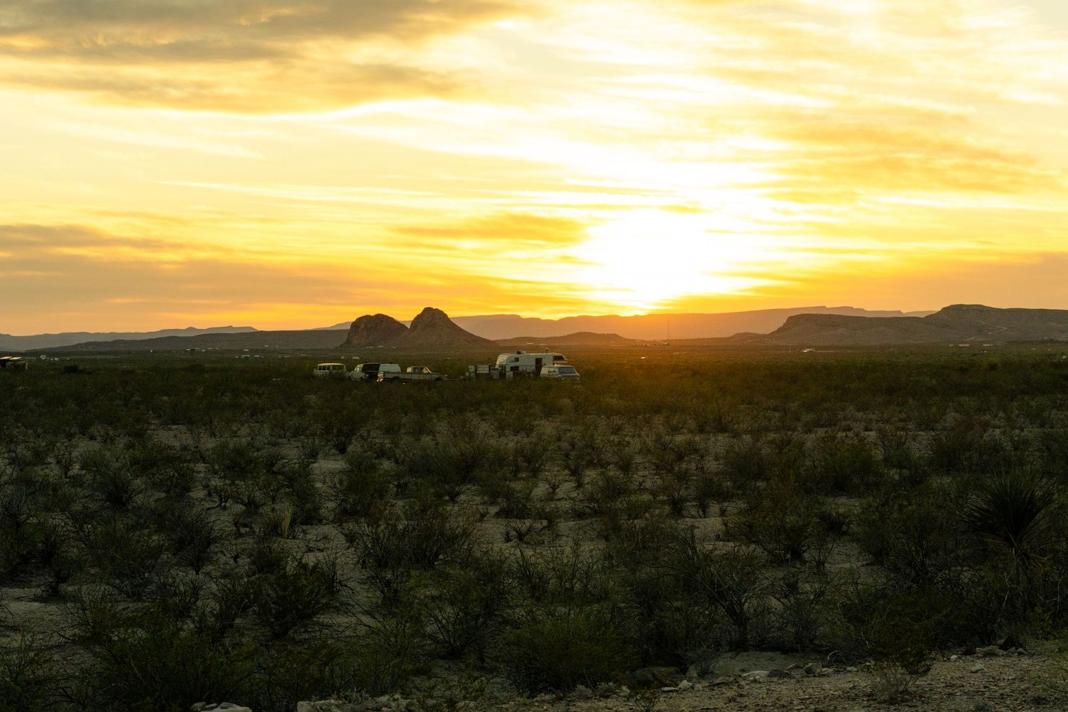 Golden sunset over desert landscape with scattered shrubs, mountains silhouetted against vibrant orange sky.