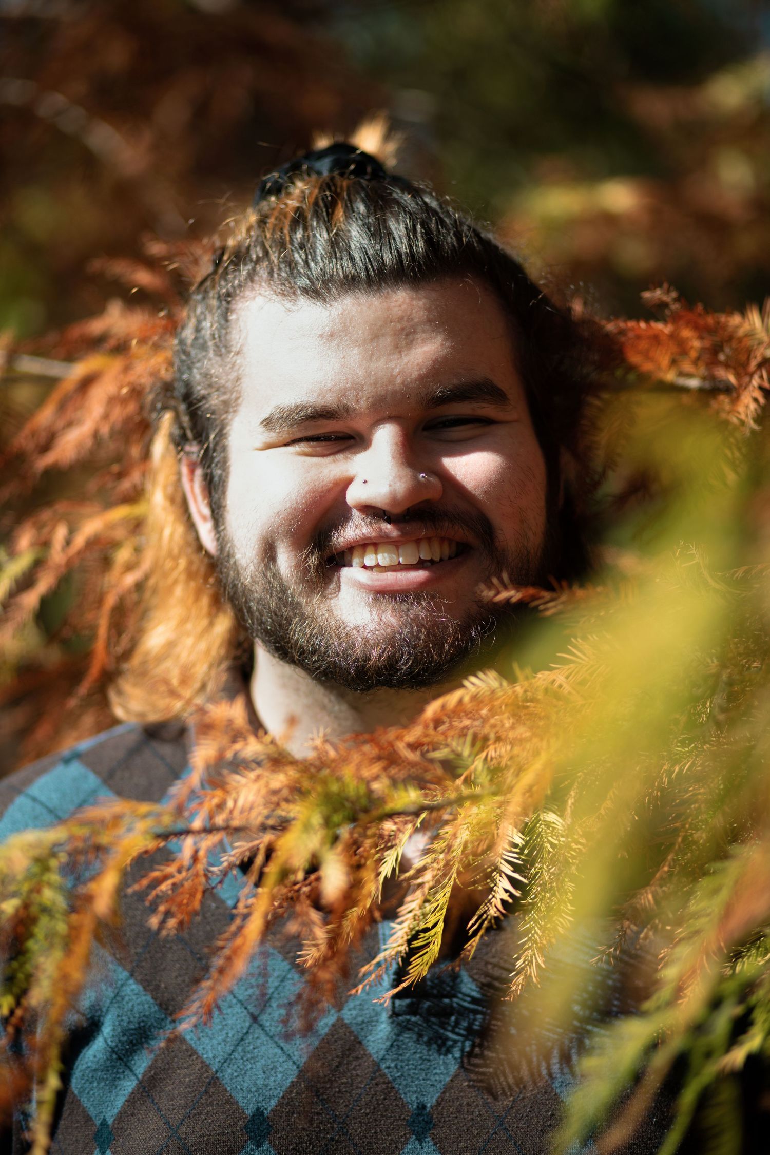 Smiling bearded man with hair bun surrounded by vibrant autumn foliage in warm sunlight.