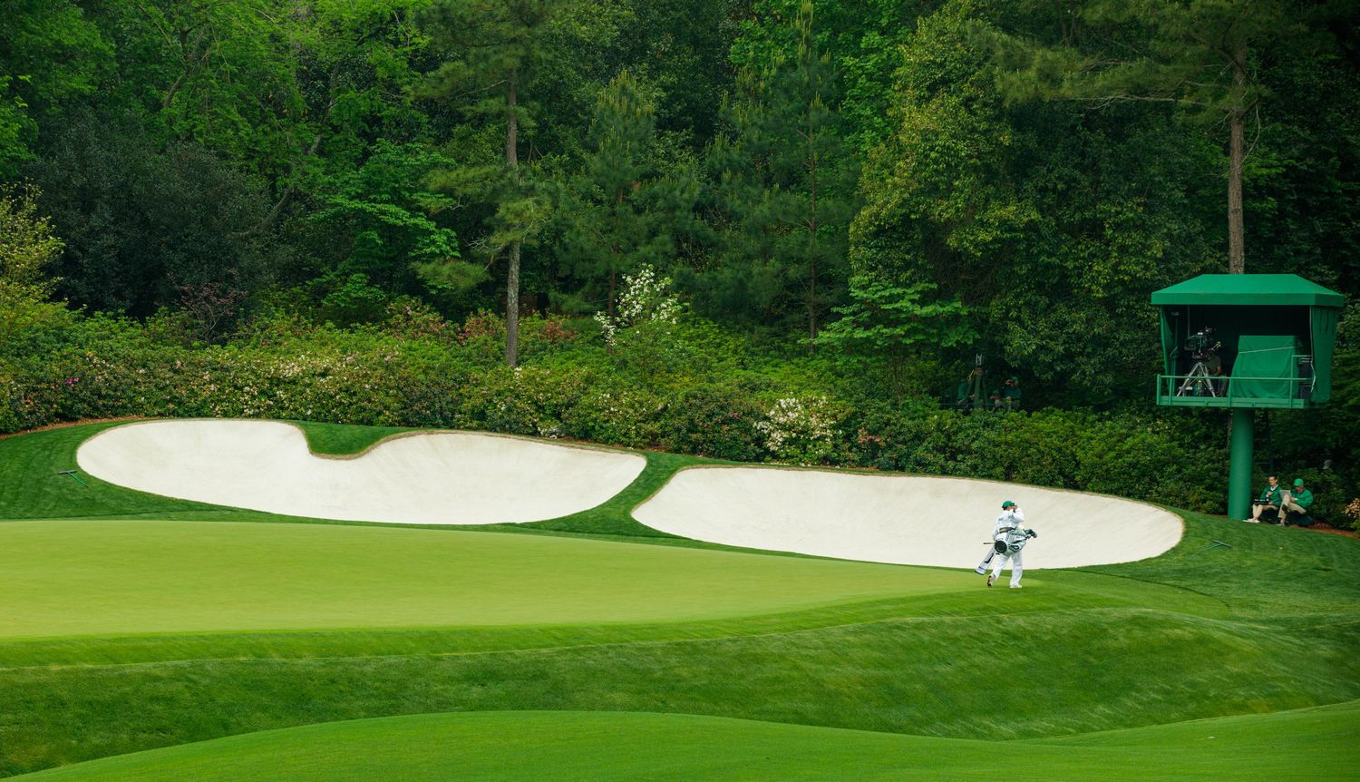 Lush golf course green with white sand bunkers, a caddy, and dense tree backdrop at Augusta National.