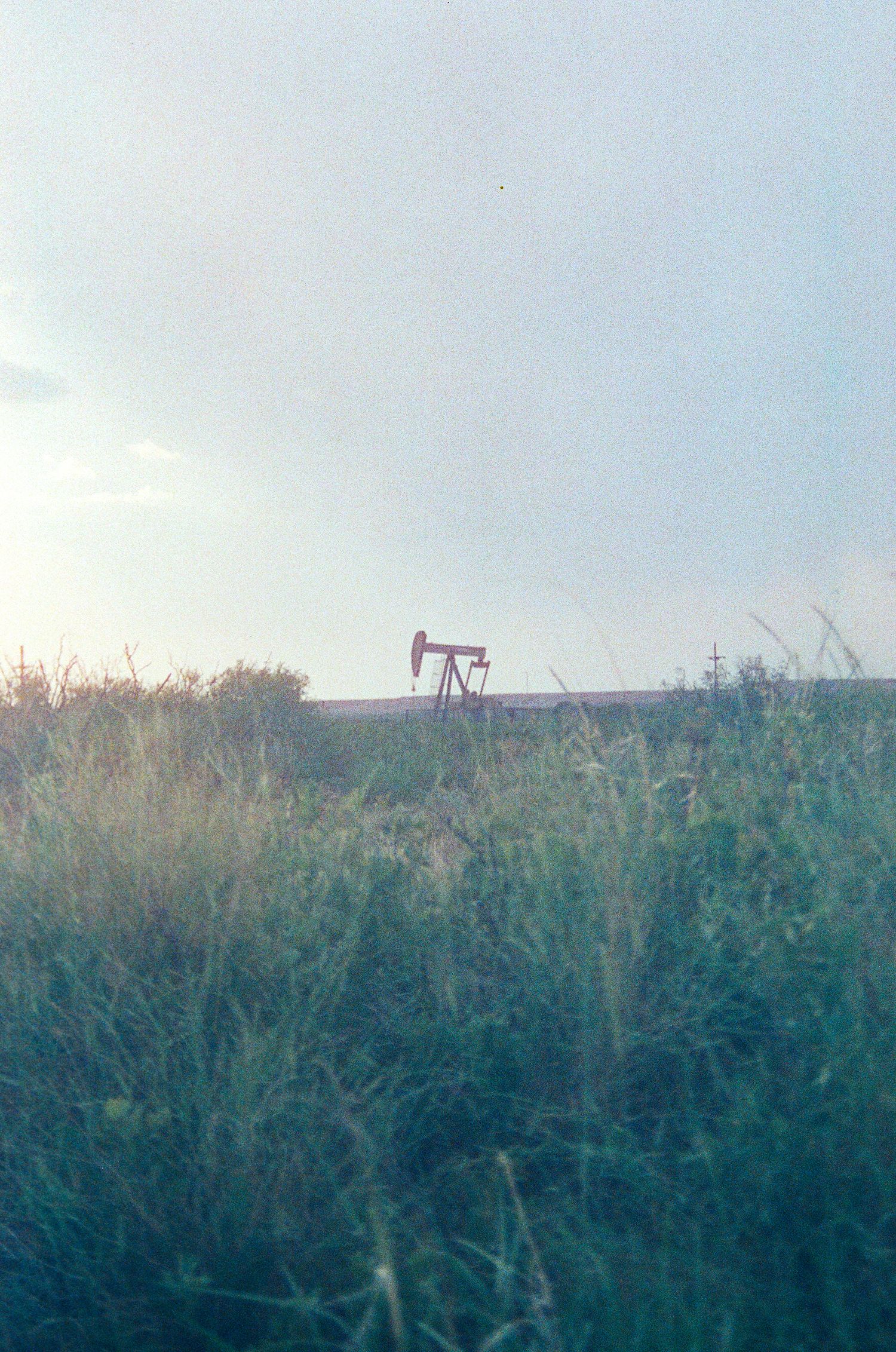 An oil pump jack silhouetted on the horizon of a vast green prairie field under a pale overcast sky.