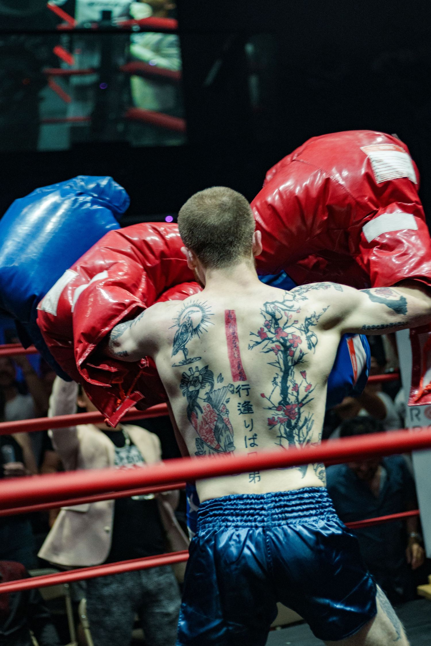 Tattooed boxer with Japanese back tattoo holds large red and blue boxing gloves in the ring.